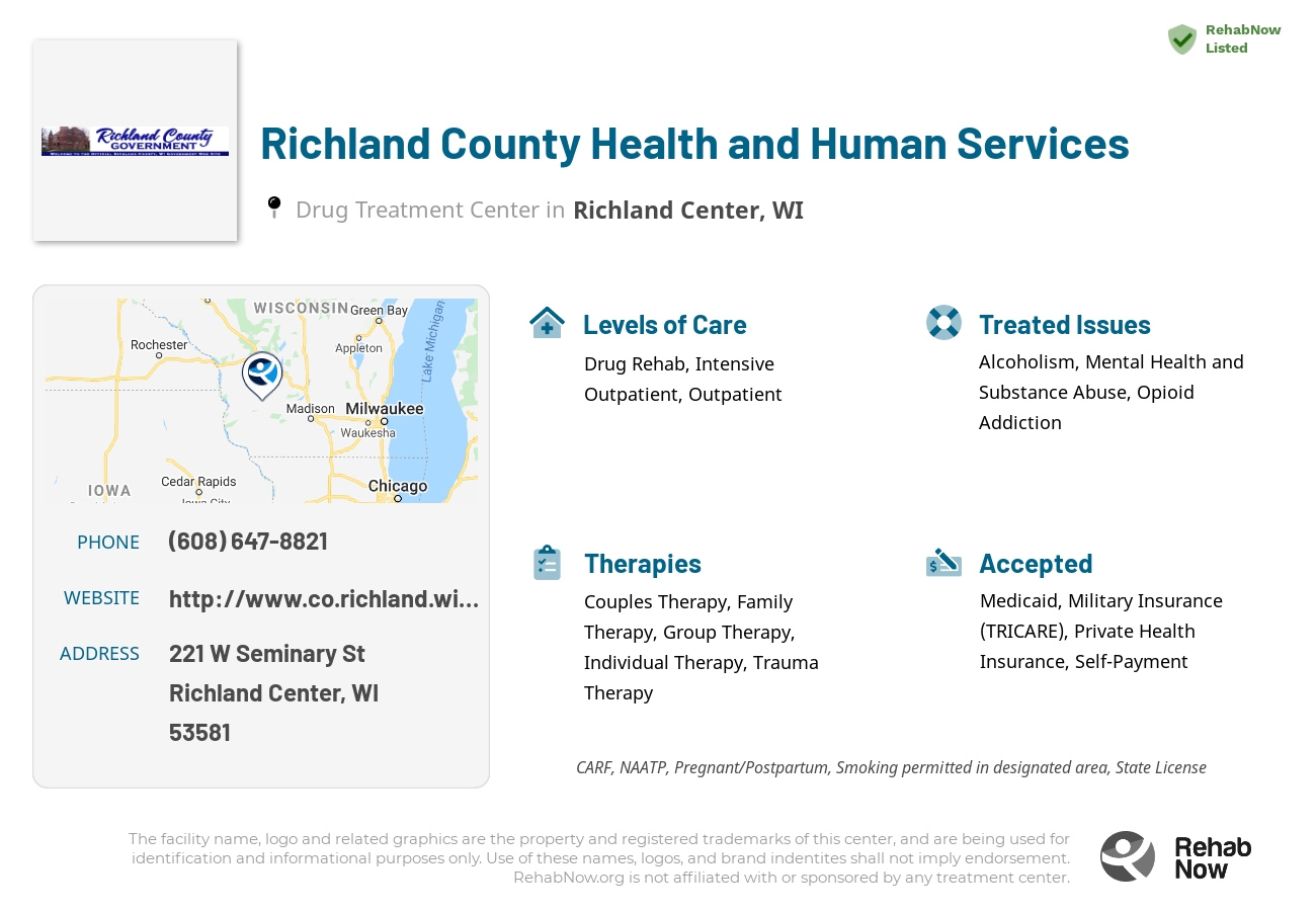Helpful reference information for Richland County Health and Human Services, a drug treatment center in Wisconsin located at: 221 W Seminary St, Richland Center, WI 53581, including phone numbers, official website, and more. Listed briefly is an overview of Levels of Care, Therapies Offered, Issues Treated, and accepted forms of Payment Methods.