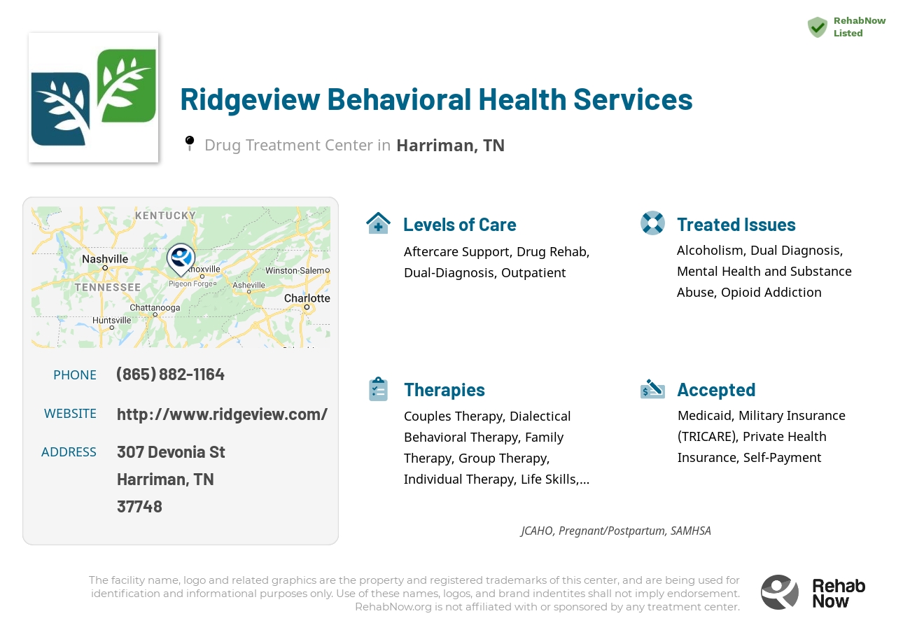 Helpful reference information for Ridgeview Behavioral Health Services, a drug treatment center in Tennessee located at: 307 Devonia St, Harriman, TN 37748, including phone numbers, official website, and more. Listed briefly is an overview of Levels of Care, Therapies Offered, Issues Treated, and accepted forms of Payment Methods.