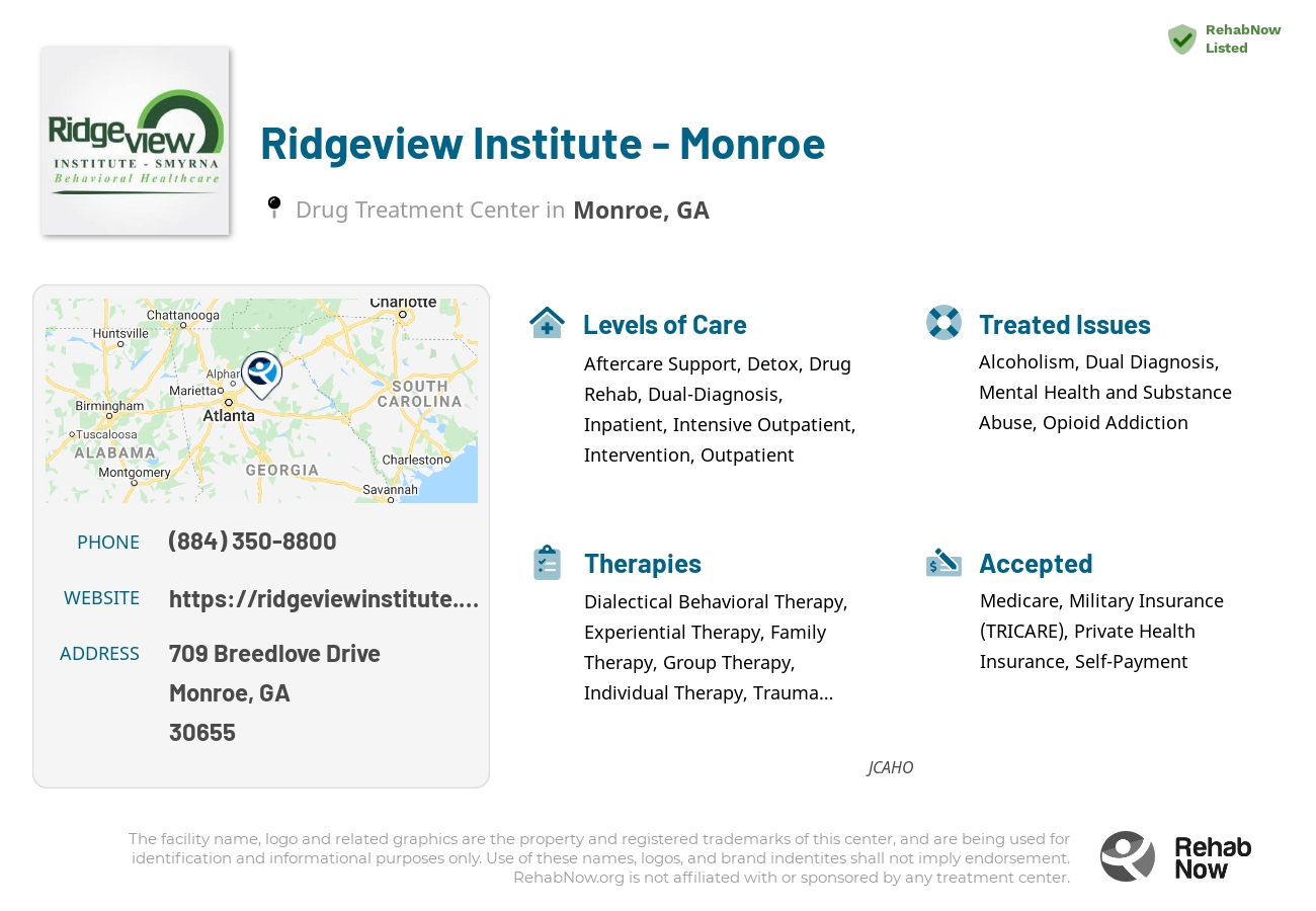 Helpful reference information for Ridgeview Institute - Monroe, a drug treatment center in Georgia located at: 709 709 Breedlove Drive, Monroe, GA 30655, including phone numbers, official website, and more. Listed briefly is an overview of Levels of Care, Therapies Offered, Issues Treated, and accepted forms of Payment Methods.