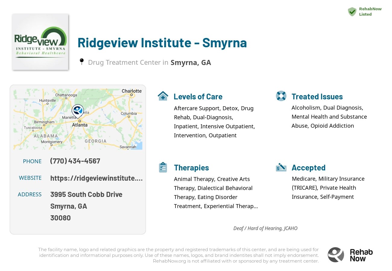 Helpful reference information for Ridgeview Institute - Smyrna, a drug treatment center in Georgia located at: 3995 3995 South Cobb Drive, Smyrna, GA 30080, including phone numbers, official website, and more. Listed briefly is an overview of Levels of Care, Therapies Offered, Issues Treated, and accepted forms of Payment Methods.