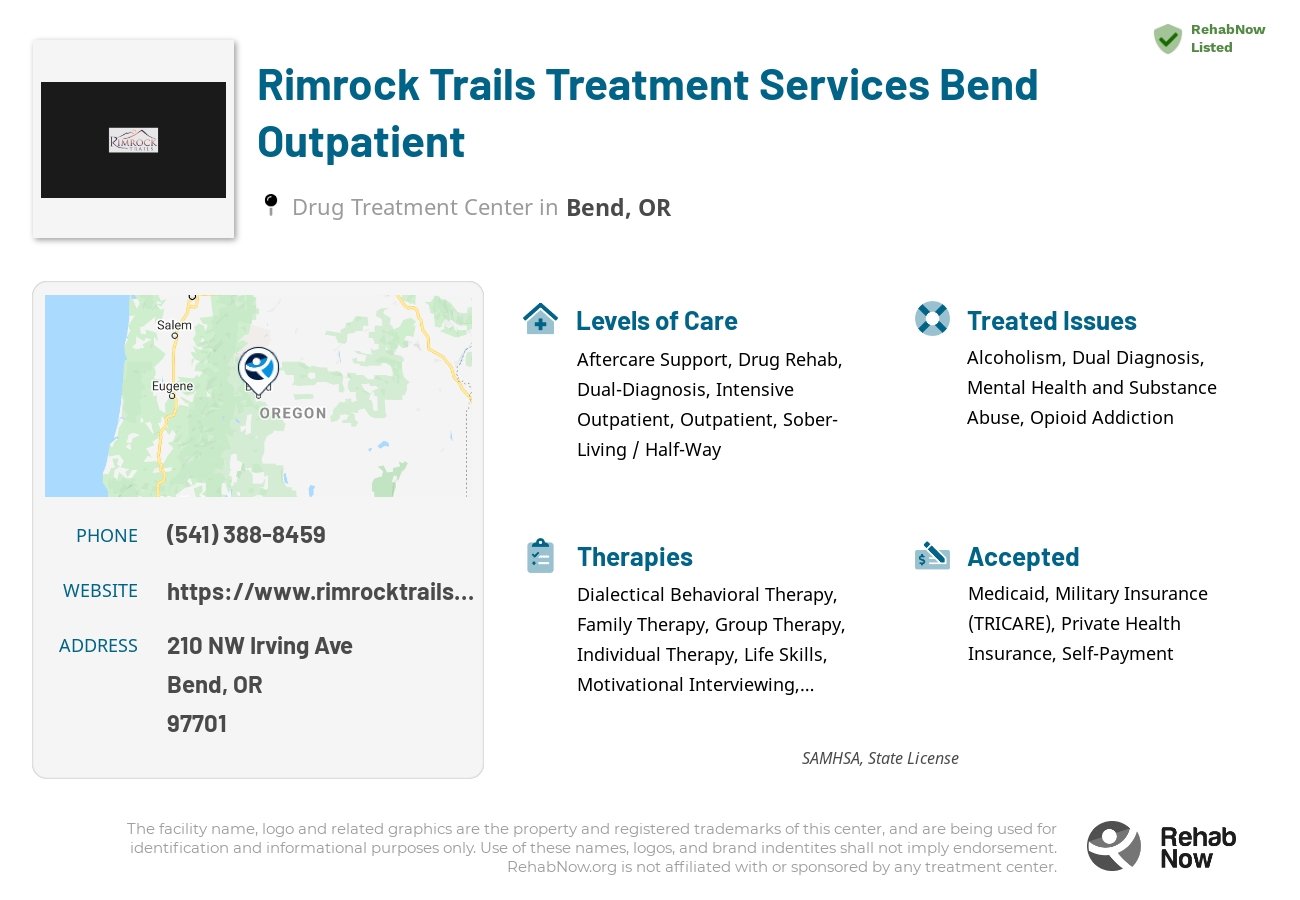 Helpful reference information for Rimrock Trails Treatment Services Bend Outpatient, a drug treatment center in Oregon located at: 210 NW Irving Ave, Bend, OR 97701, including phone numbers, official website, and more. Listed briefly is an overview of Levels of Care, Therapies Offered, Issues Treated, and accepted forms of Payment Methods.