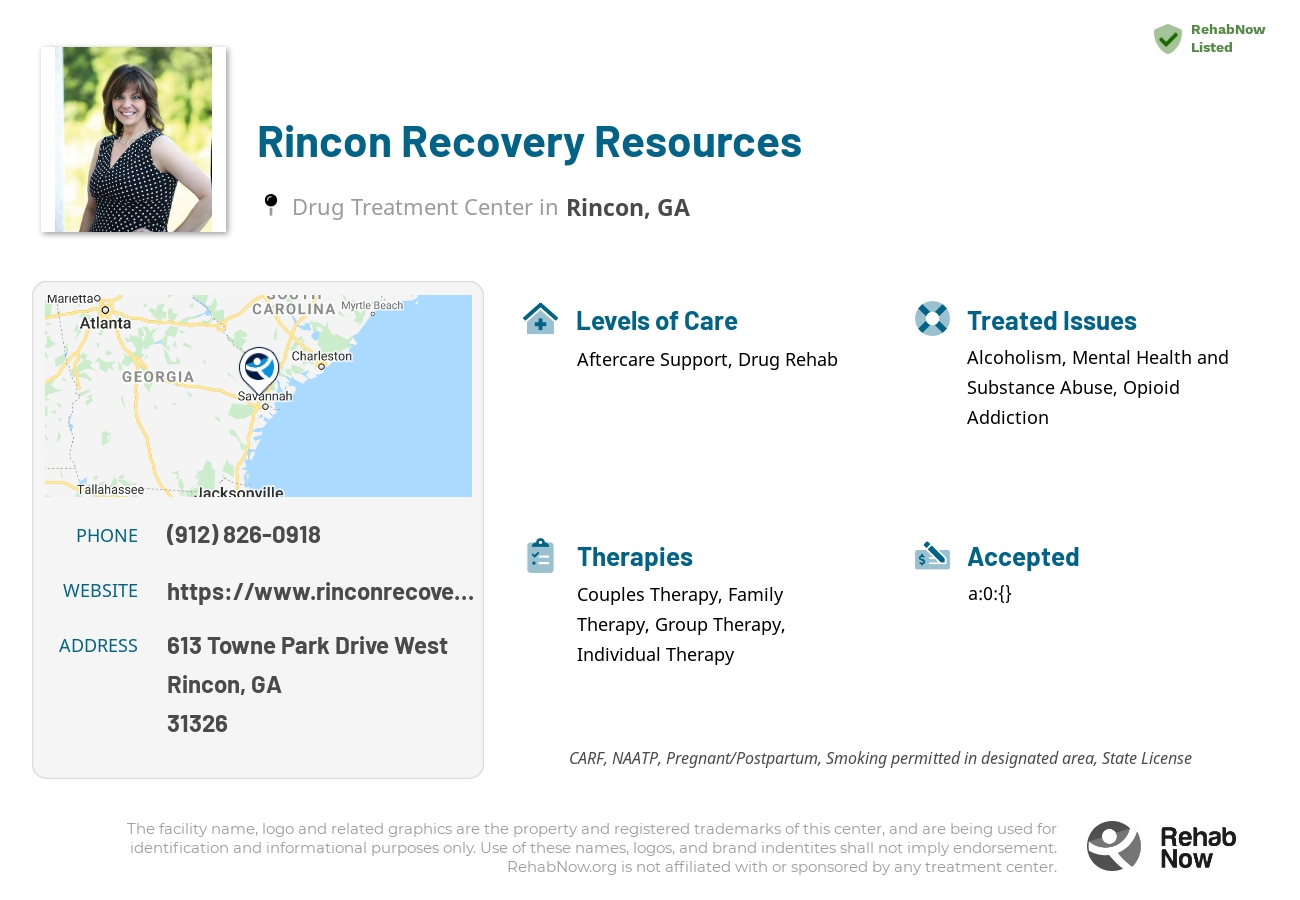 Helpful reference information for Rincon Recovery Resources, a drug treatment center in Georgia located at: 613 Towne Park Drive West, Rincon, GA 31326, including phone numbers, official website, and more. Listed briefly is an overview of Levels of Care, Therapies Offered, Issues Treated, and accepted forms of Payment Methods.