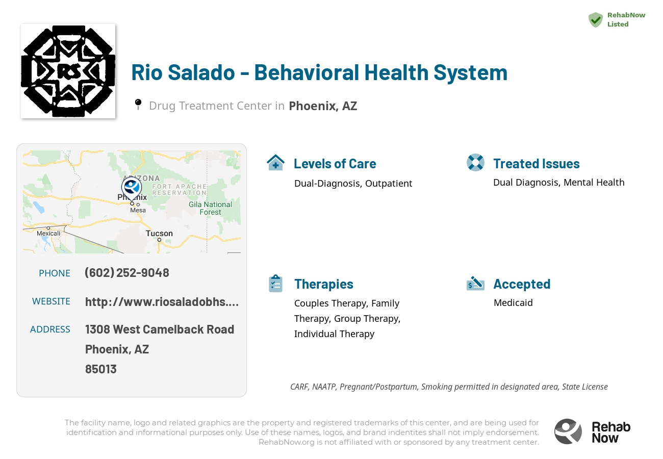 Helpful reference information for Rio Salado - Behavioral Health System, a drug treatment center in Arizona located at: 1308 1308 West Camelback Road, Phoenix, AZ 85013, including phone numbers, official website, and more. Listed briefly is an overview of Levels of Care, Therapies Offered, Issues Treated, and accepted forms of Payment Methods.