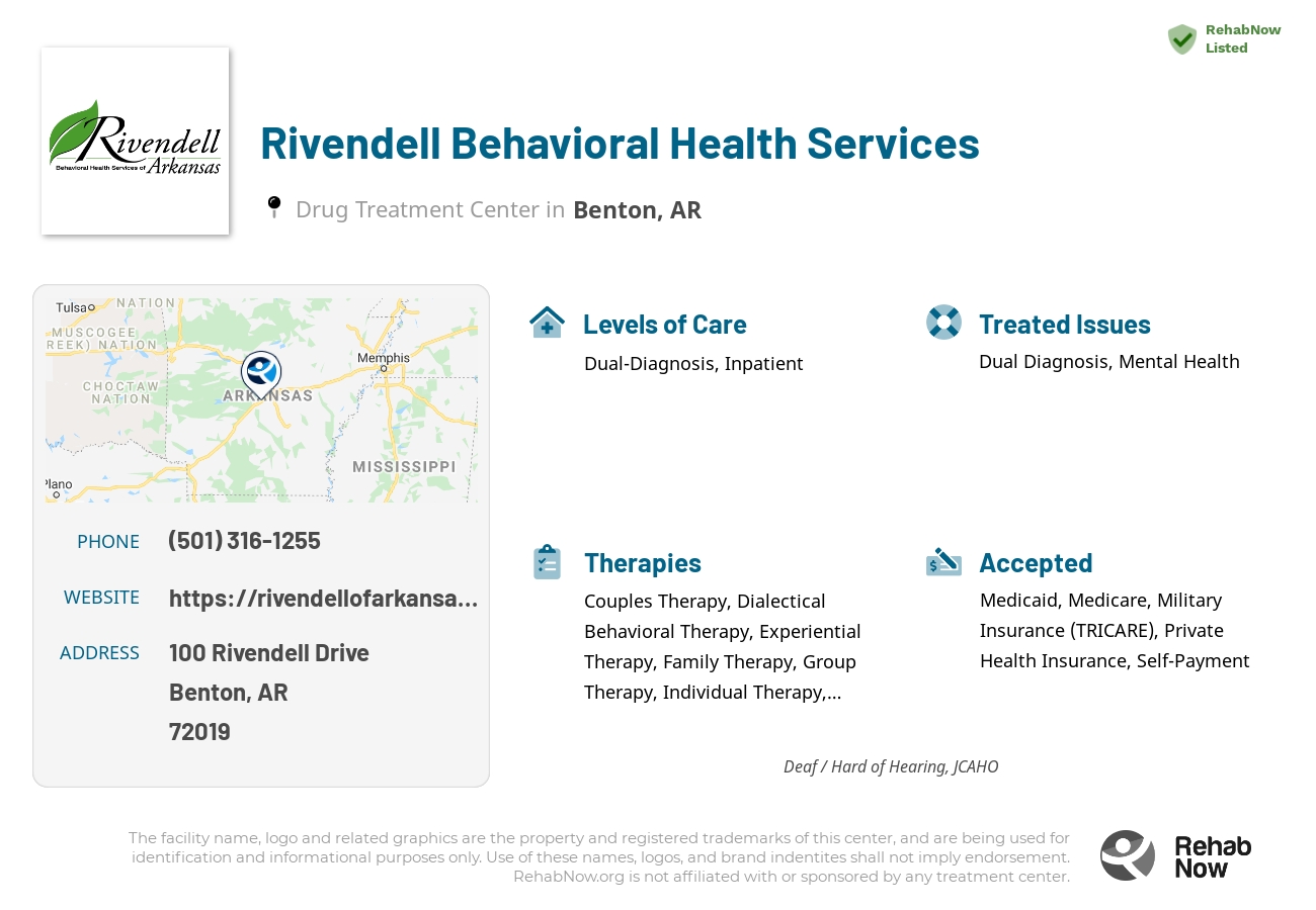 Helpful reference information for Rivendell Behavioral Health Services, a drug treatment center in Arkansas located at: 100 Rivendell Drive, Benton, AR, 72019, including phone numbers, official website, and more. Listed briefly is an overview of Levels of Care, Therapies Offered, Issues Treated, and accepted forms of Payment Methods.