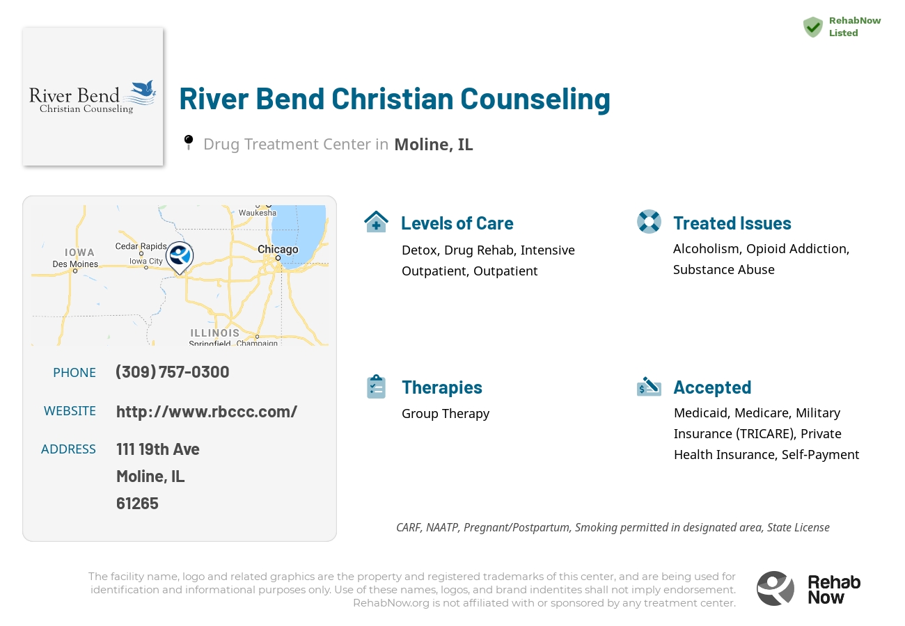 Helpful reference information for River Bend Christian Counseling, a drug treatment center in Illinois located at: 111 19th Ave, Moline, IL 61265, including phone numbers, official website, and more. Listed briefly is an overview of Levels of Care, Therapies Offered, Issues Treated, and accepted forms of Payment Methods.