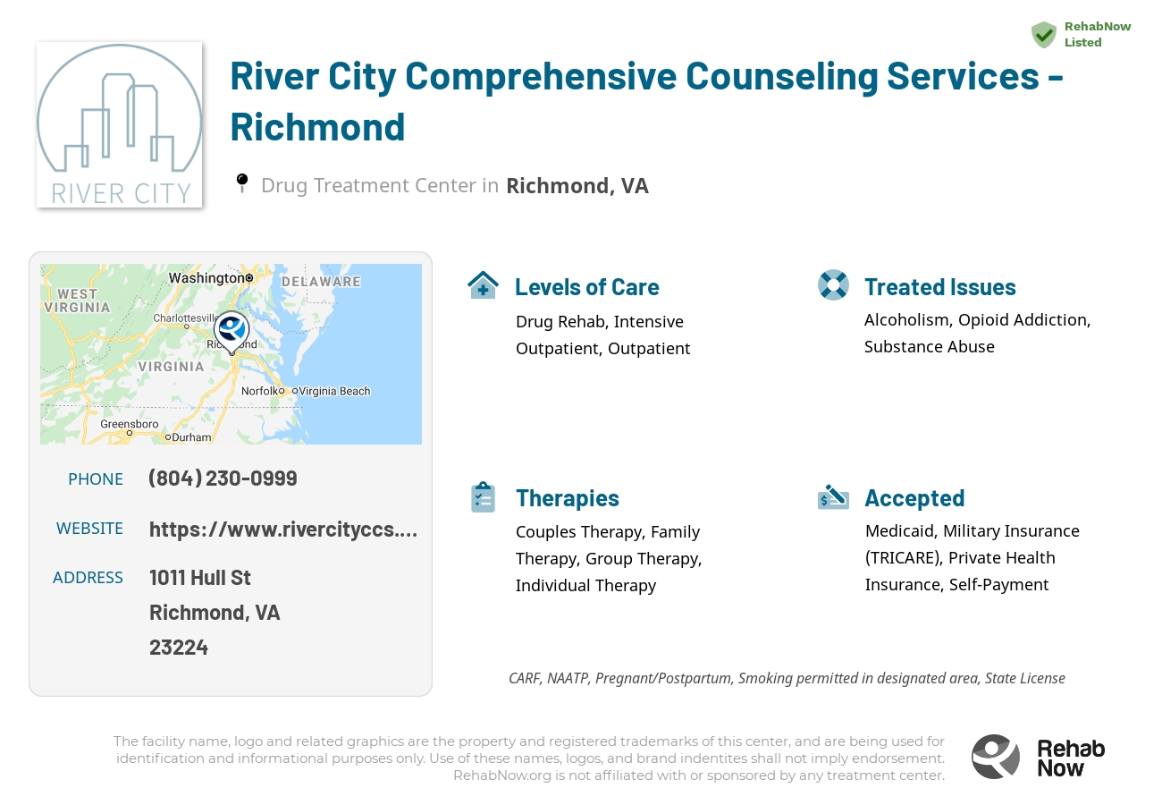 Helpful reference information for River City Comprehensive Counseling Services - Richmond, a drug treatment center in Virginia located at: 1011 Hull St, Richmond, VA 23224, including phone numbers, official website, and more. Listed briefly is an overview of Levels of Care, Therapies Offered, Issues Treated, and accepted forms of Payment Methods.