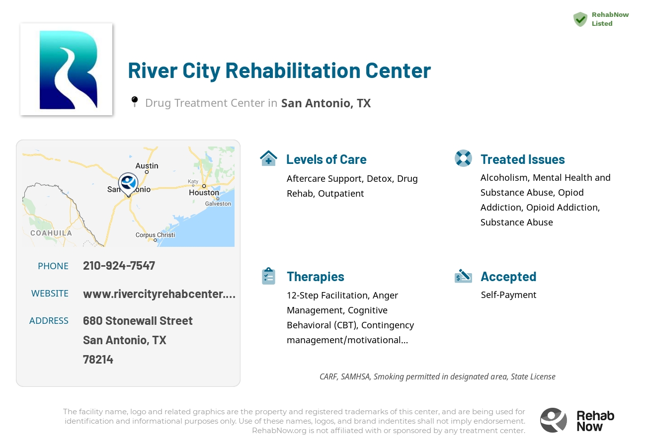 Helpful reference information for River City Rehabilitation Center, a drug treatment center in Texas located at: 680 Stonewall Street, San Antonio, TX, 78214, including phone numbers, official website, and more. Listed briefly is an overview of Levels of Care, Therapies Offered, Issues Treated, and accepted forms of Payment Methods.