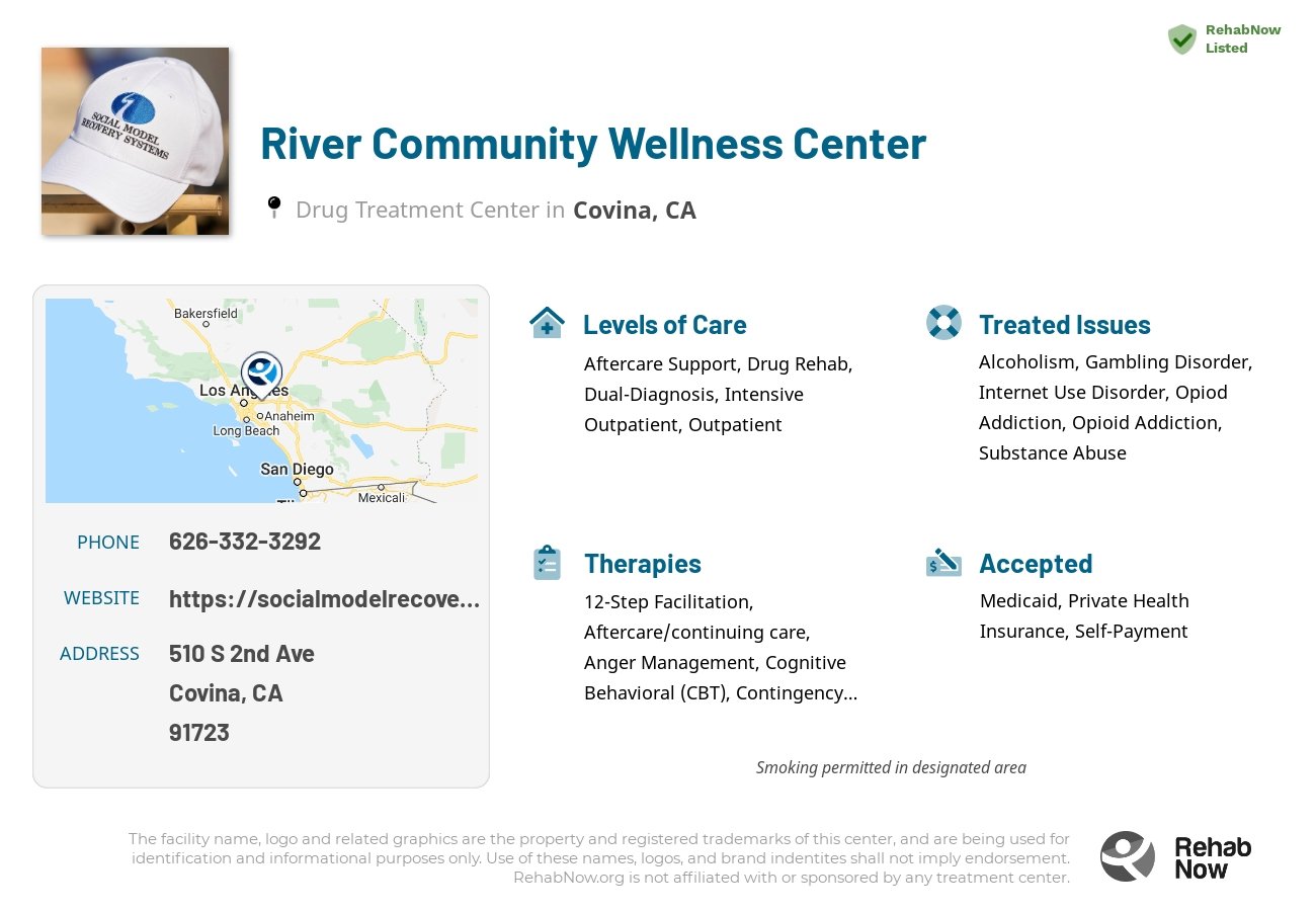 Helpful reference information for River Community Wellness Center, a drug treatment center in California located at: 510 S 2nd Ave, Covina, CA 91723, including phone numbers, official website, and more. Listed briefly is an overview of Levels of Care, Therapies Offered, Issues Treated, and accepted forms of Payment Methods.