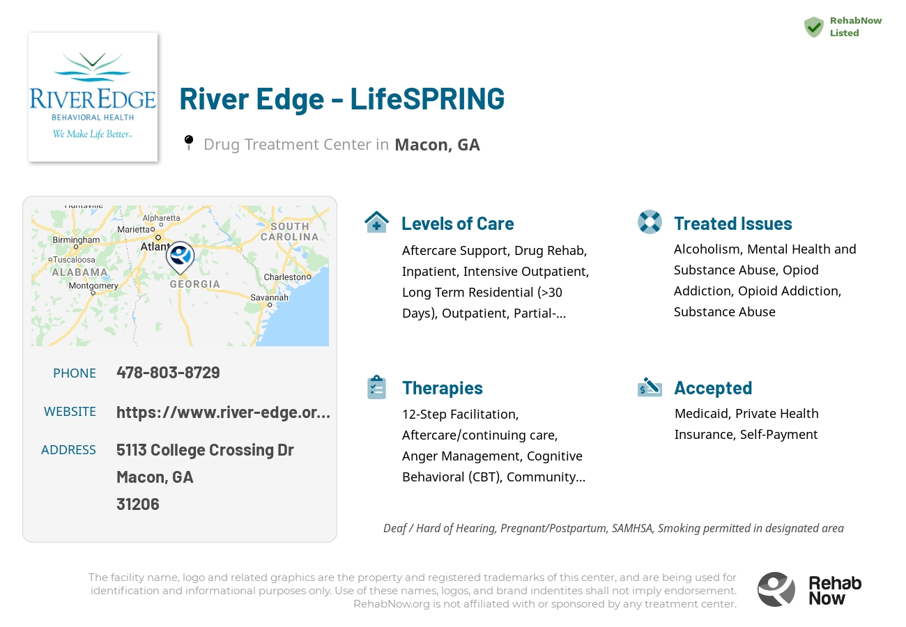 Helpful reference information for River Edge - LifeSPRING, a drug treatment center in Georgia located at: 5113 College Crossing Dr, Macon, GA 31206, including phone numbers, official website, and more. Listed briefly is an overview of Levels of Care, Therapies Offered, Issues Treated, and accepted forms of Payment Methods.