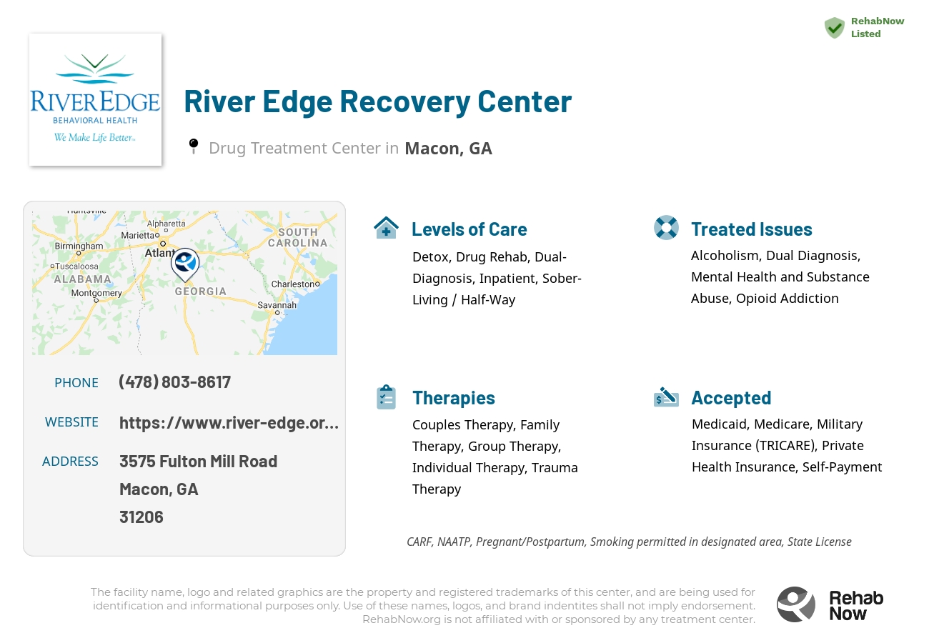 Helpful reference information for River Edge Recovery Center, a drug treatment center in Georgia located at: 3575 3575 Fulton Mill Road, Macon, GA 31206, including phone numbers, official website, and more. Listed briefly is an overview of Levels of Care, Therapies Offered, Issues Treated, and accepted forms of Payment Methods.