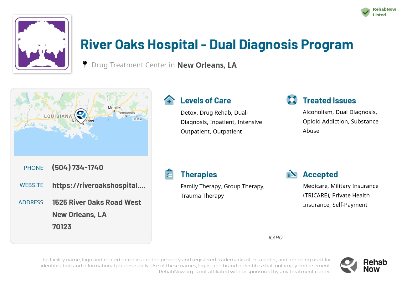 Helpful reference information for River Oaks Hospital - Dual Diagnosis Program, a drug treatment center in Louisiana located at: 1525 1525 River Oaks Road West, New Orleans, LA 70123, including phone numbers, official website, and more. Listed briefly is an overview of Levels of Care, Therapies Offered, Issues Treated, and accepted forms of Payment Methods.