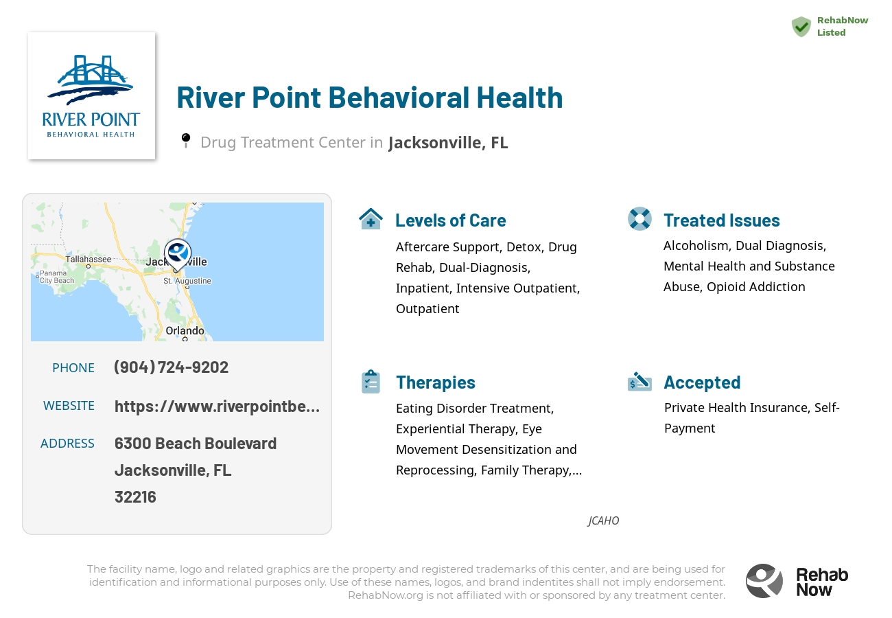 Helpful reference information for River Point Behavioral Health, a drug treatment center in Florida located at: 6300 Beach Boulevard, Jacksonville, FL, 32216, including phone numbers, official website, and more. Listed briefly is an overview of Levels of Care, Therapies Offered, Issues Treated, and accepted forms of Payment Methods.