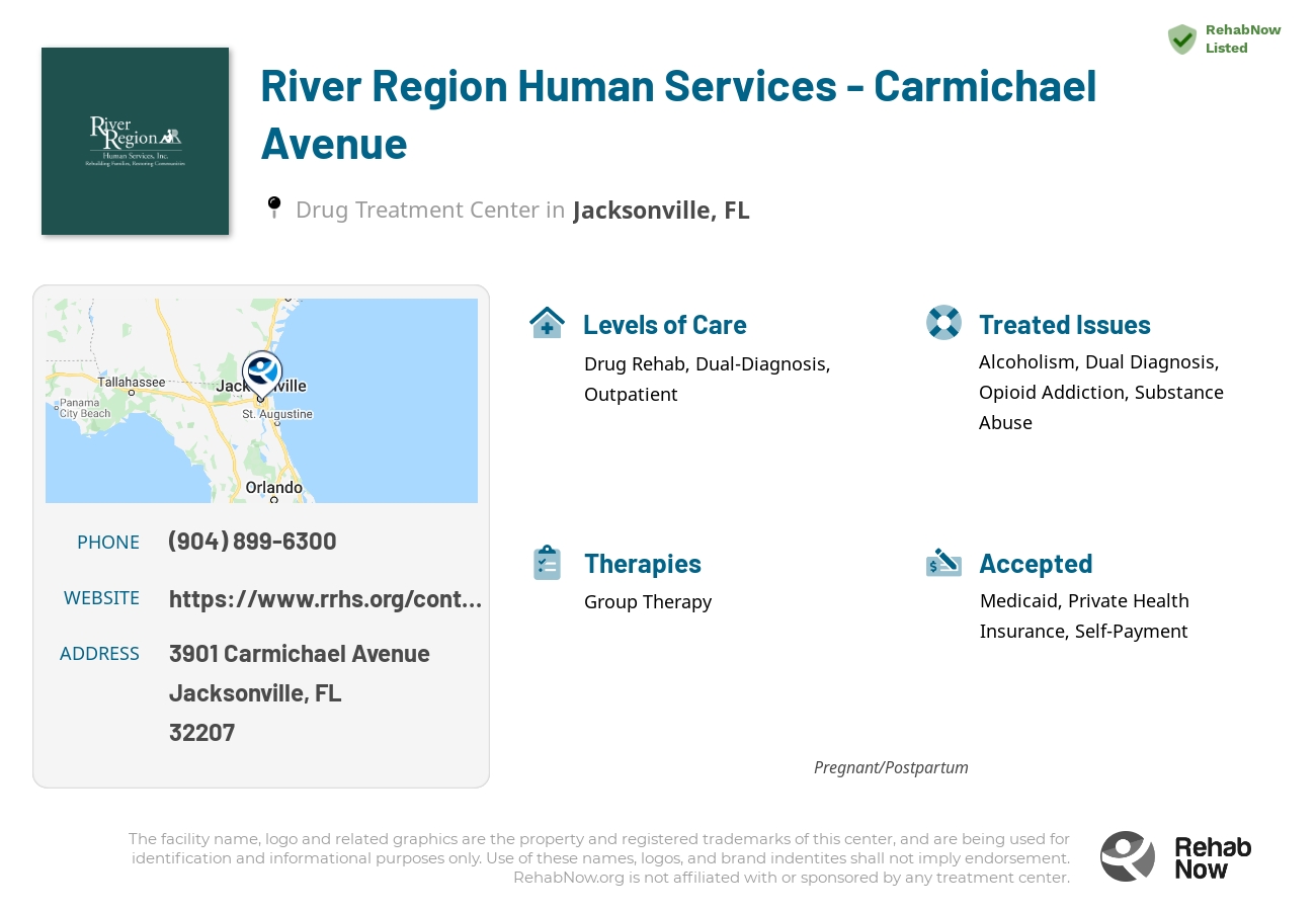 Helpful reference information for River Region Human Services - Carmichael Avenue, a drug treatment center in Florida located at: 3901 Carmichael Avenue, Jacksonville, FL, 32207, including phone numbers, official website, and more. Listed briefly is an overview of Levels of Care, Therapies Offered, Issues Treated, and accepted forms of Payment Methods.