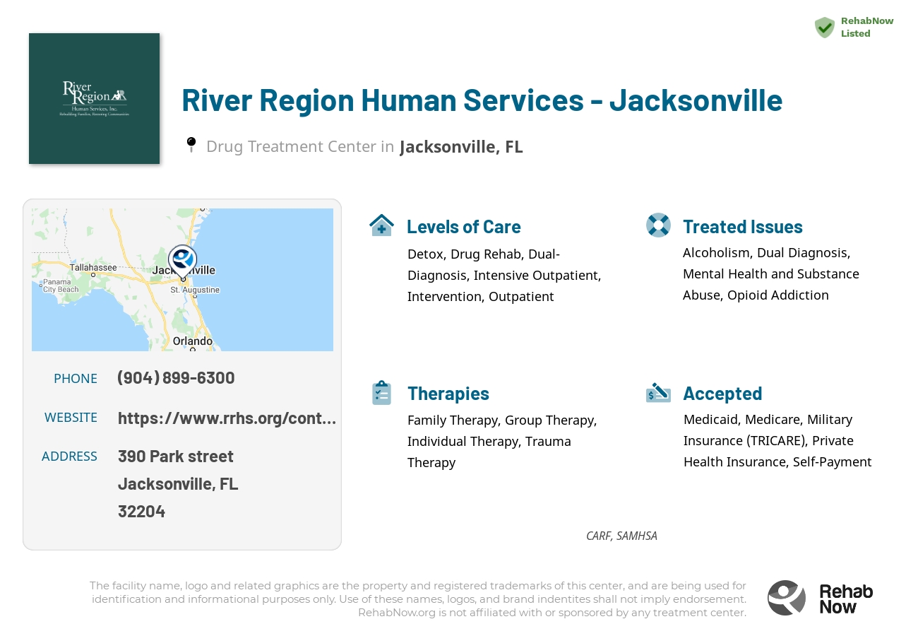 Helpful reference information for River Region Human Services - Jacksonville, a drug treatment center in Florida located at: 390 Park street, Jacksonville, FL, 32204, including phone numbers, official website, and more. Listed briefly is an overview of Levels of Care, Therapies Offered, Issues Treated, and accepted forms of Payment Methods.