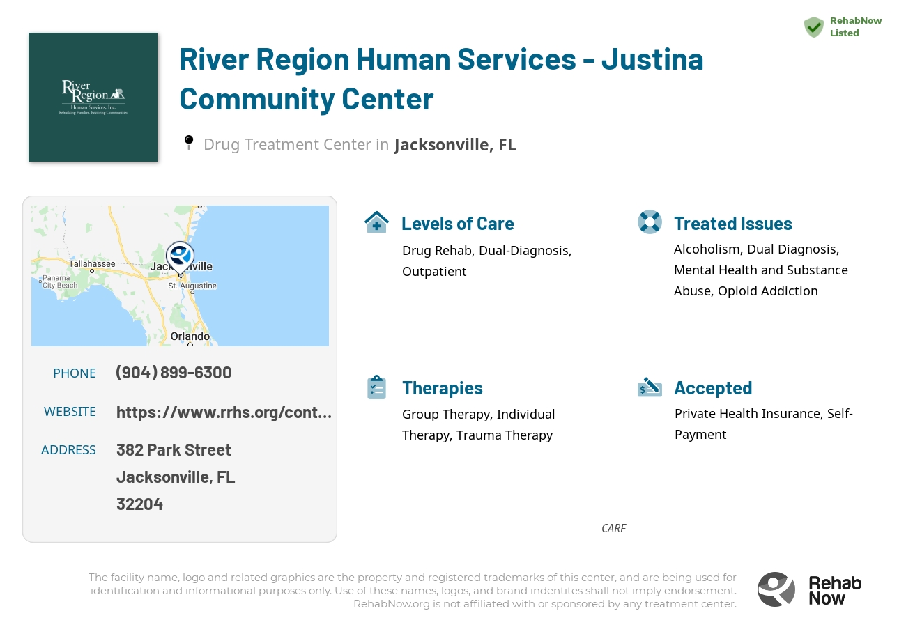 Helpful reference information for River Region Human Services - Justina Community Center, a drug treatment center in Florida located at: 382 Park Street, Jacksonville, FL, 32204, including phone numbers, official website, and more. Listed briefly is an overview of Levels of Care, Therapies Offered, Issues Treated, and accepted forms of Payment Methods.