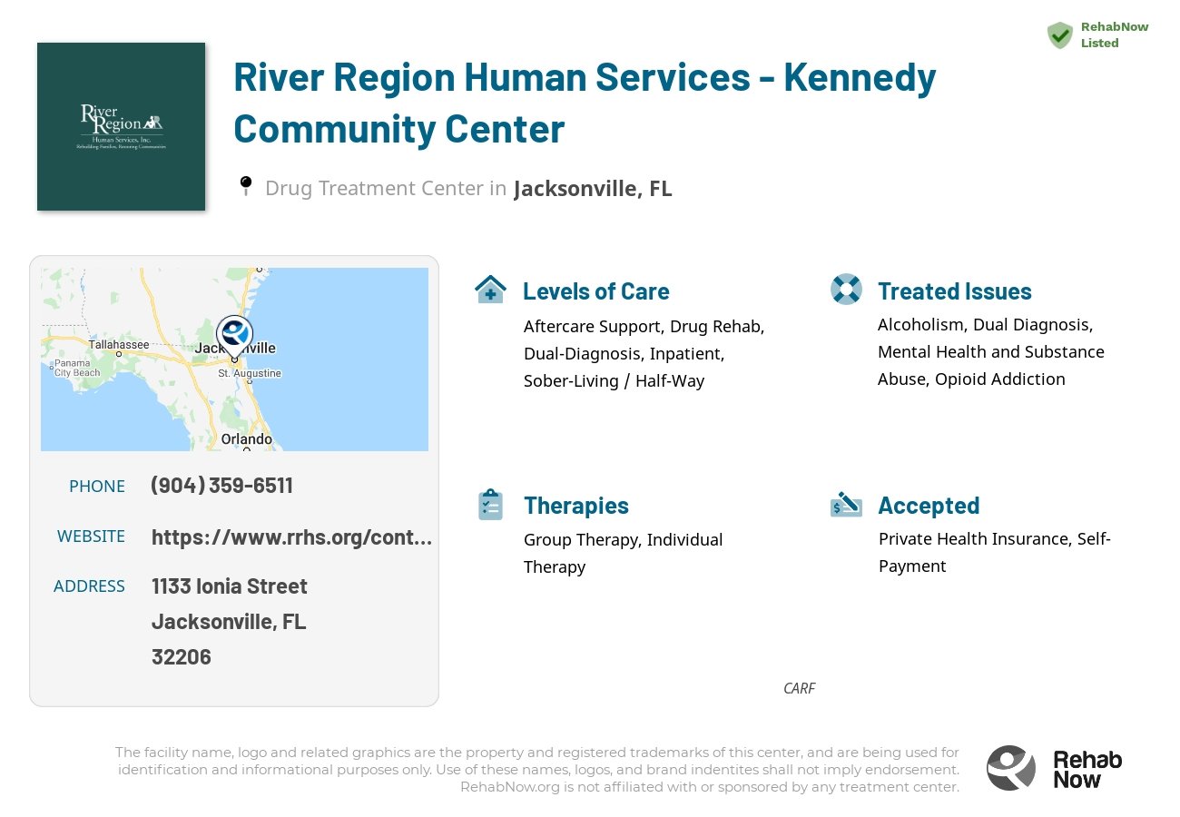 Helpful reference information for River Region Human Services - Kennedy Community Center, a drug treatment center in Florida located at: 1133 Ionia Street, Jacksonville, FL, 32206, including phone numbers, official website, and more. Listed briefly is an overview of Levels of Care, Therapies Offered, Issues Treated, and accepted forms of Payment Methods.