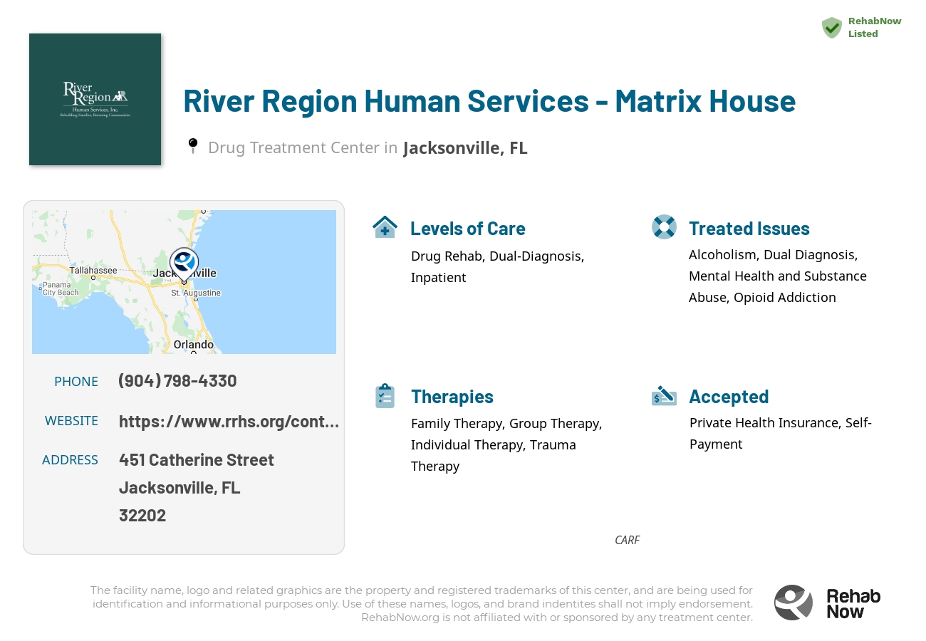 Helpful reference information for River Region Human Services - Matrix House, a drug treatment center in Florida located at: 451 Catherine Street, Jacksonville, FL, 32202, including phone numbers, official website, and more. Listed briefly is an overview of Levels of Care, Therapies Offered, Issues Treated, and accepted forms of Payment Methods.