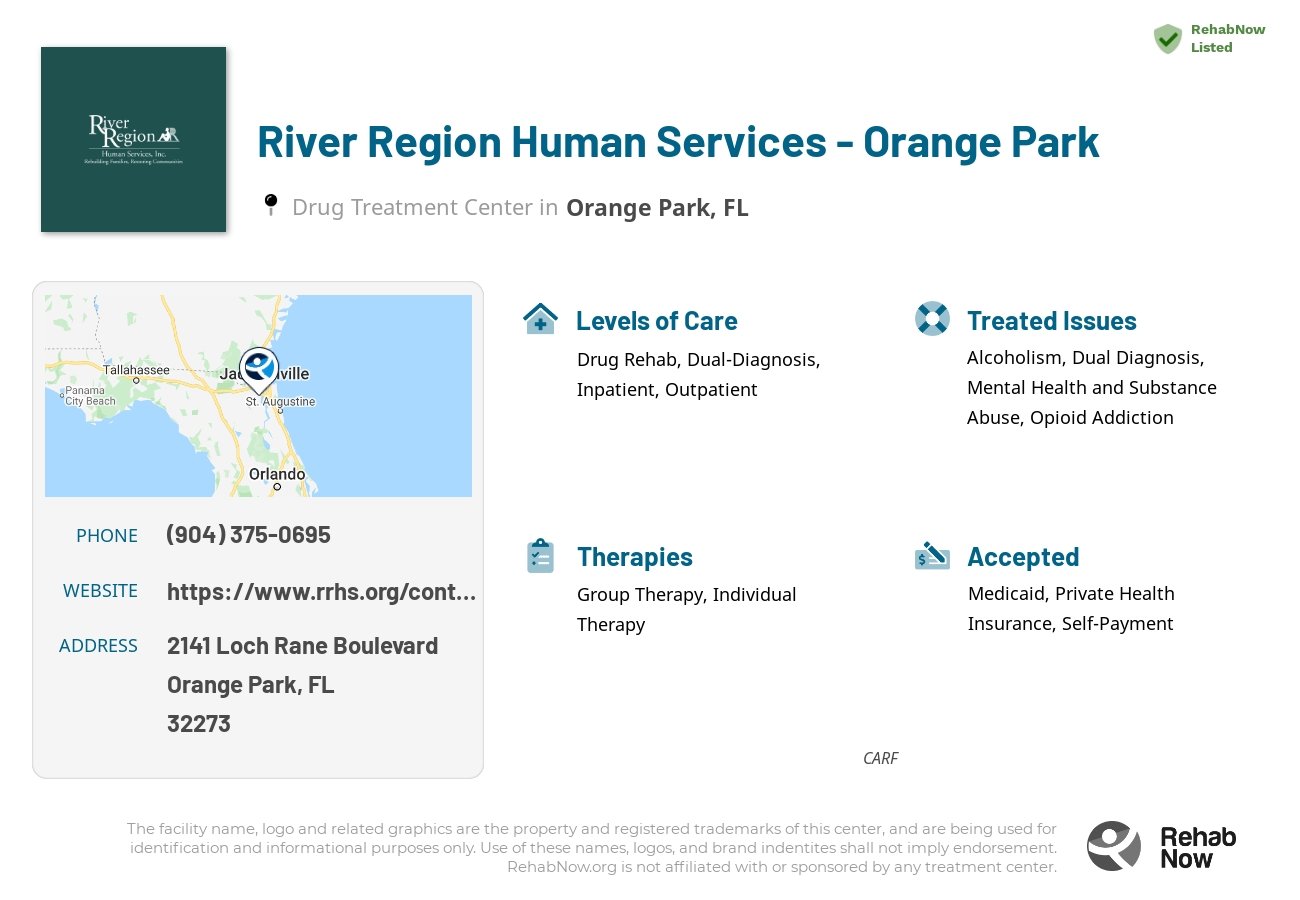 Helpful reference information for River Region Human Services - Orange Park, a drug treatment center in Florida located at: 2141 Loch Rane Boulevard, Orange Park, FL, 32273, including phone numbers, official website, and more. Listed briefly is an overview of Levels of Care, Therapies Offered, Issues Treated, and accepted forms of Payment Methods.