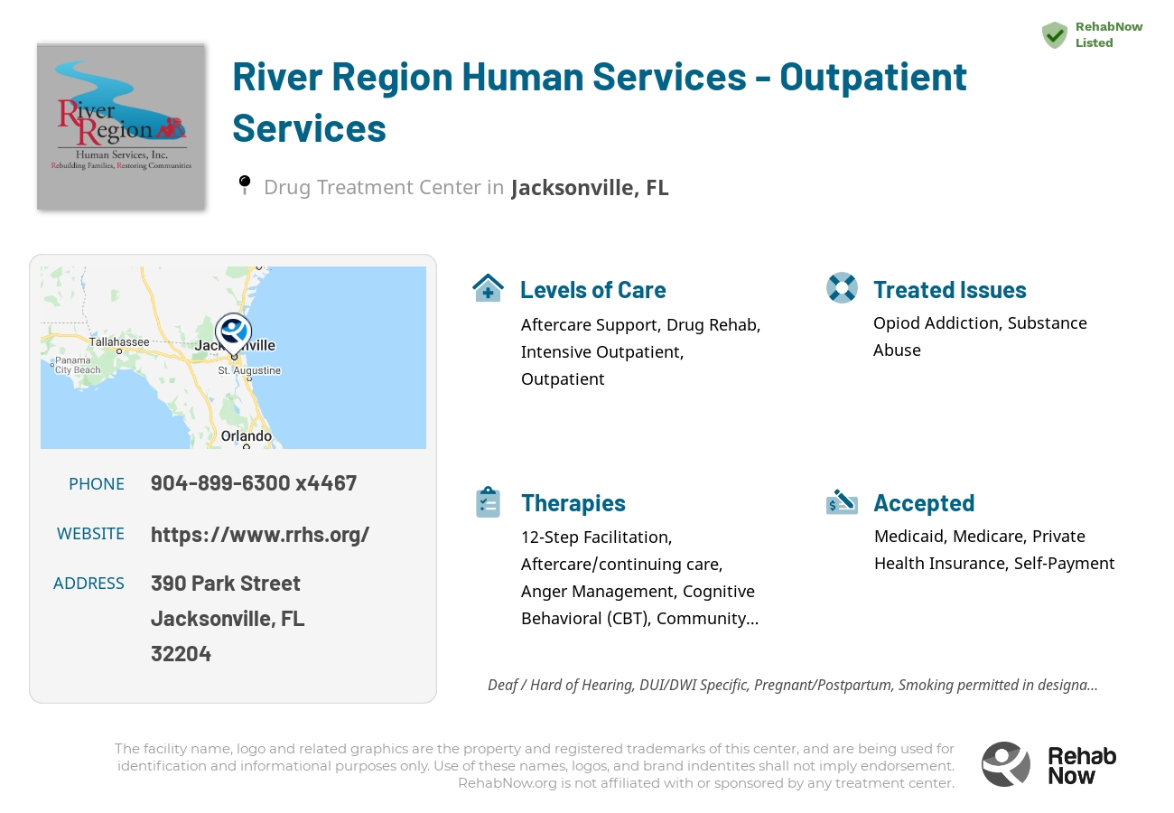 Helpful reference information for River Region Human Services - Outpatient Services, a drug treatment center in Florida located at: 390 Park Street, Jacksonville, FL 32204, including phone numbers, official website, and more. Listed briefly is an overview of Levels of Care, Therapies Offered, Issues Treated, and accepted forms of Payment Methods.