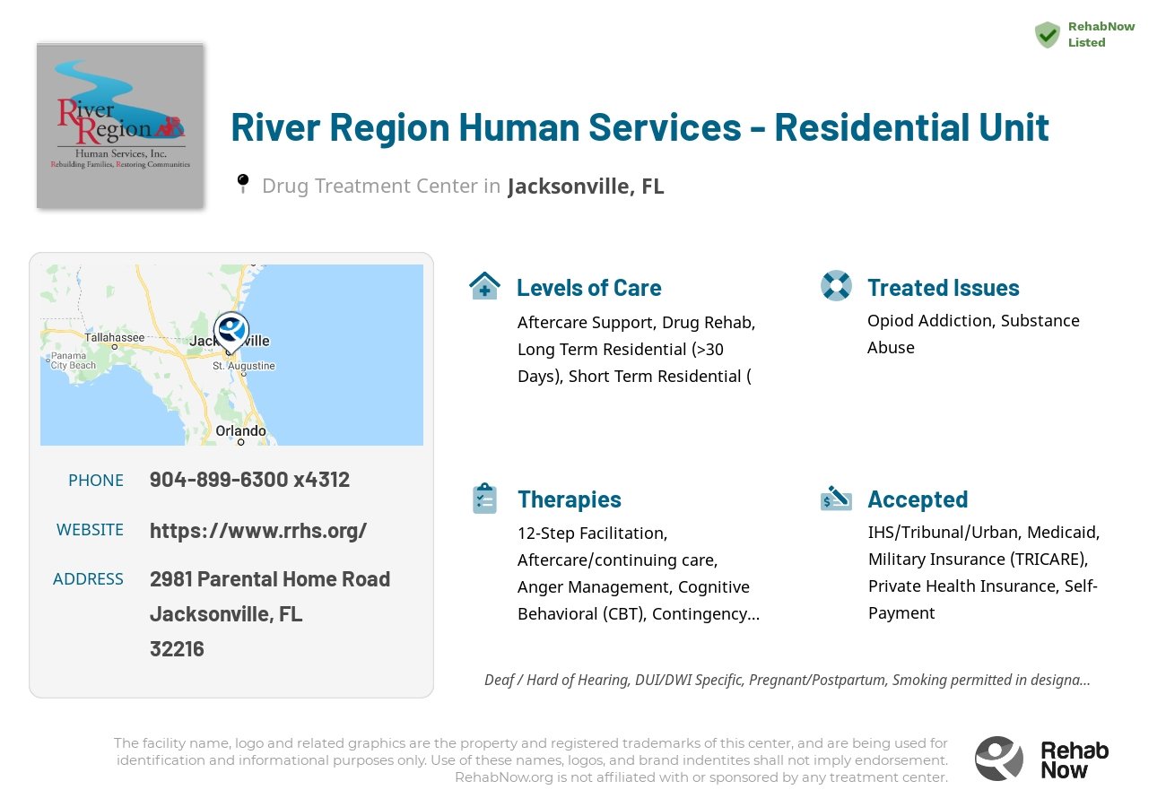 Helpful reference information for River Region Human Services - Residential Unit, a drug treatment center in Florida located at: 2981 Parental Home Road, Jacksonville, FL 32216, including phone numbers, official website, and more. Listed briefly is an overview of Levels of Care, Therapies Offered, Issues Treated, and accepted forms of Payment Methods.