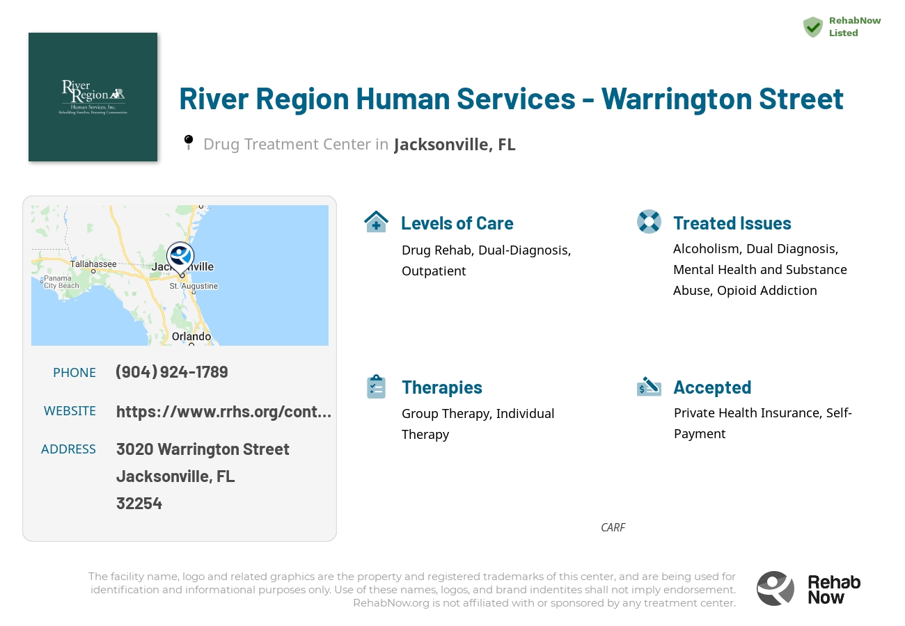 Helpful reference information for River Region Human Services - Warrington Street, a drug treatment center in Florida located at: 3020 Warrington Street, Jacksonville, FL, 32254, including phone numbers, official website, and more. Listed briefly is an overview of Levels of Care, Therapies Offered, Issues Treated, and accepted forms of Payment Methods.