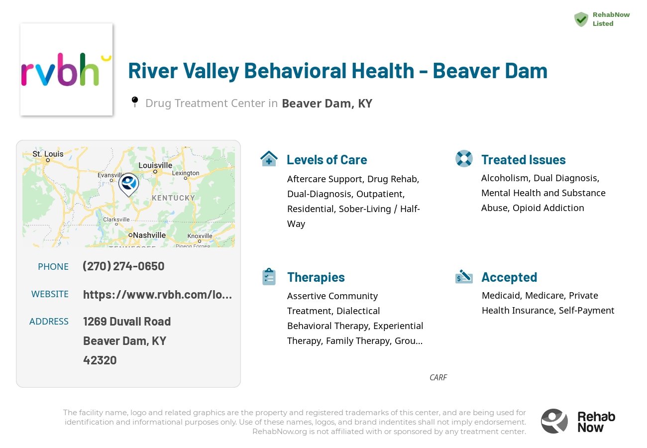 Helpful reference information for River Valley Behavioral Health - Beaver Dam, a drug treatment center in Kentucky located at: 1269 Duvall Road, Beaver Dam, KY, 42320, including phone numbers, official website, and more. Listed briefly is an overview of Levels of Care, Therapies Offered, Issues Treated, and accepted forms of Payment Methods.