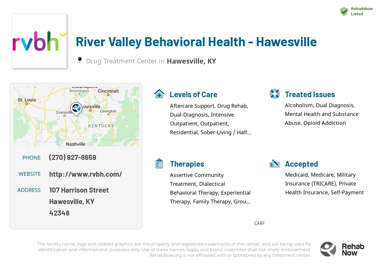 Helpful reference information for River Valley Behavioral Health - Hawesville, a drug treatment center in Kentucky located at: 107 Harrison Street, Hawesville, KY, 42348, including phone numbers, official website, and more. Listed briefly is an overview of Levels of Care, Therapies Offered, Issues Treated, and accepted forms of Payment Methods.