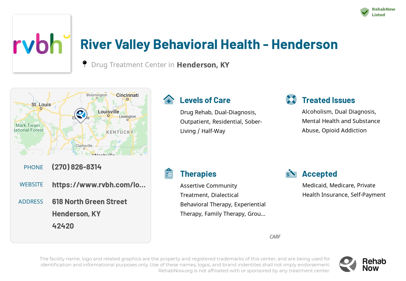 Helpful reference information for River Valley Behavioral Health - Henderson, a drug treatment center in Kentucky located at: 618 North Green Street, Henderson, KY, 42420, including phone numbers, official website, and more. Listed briefly is an overview of Levels of Care, Therapies Offered, Issues Treated, and accepted forms of Payment Methods.