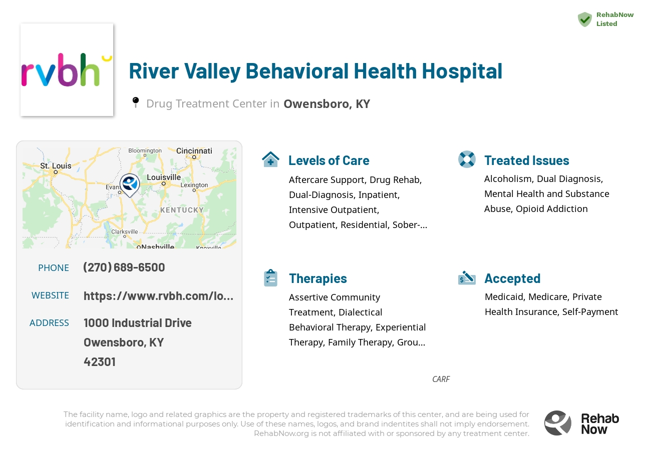 Helpful reference information for River Valley Behavioral Health Hospital, a drug treatment center in Kentucky located at: 1000 Industrial Drive, Owensboro, KY, 42301, including phone numbers, official website, and more. Listed briefly is an overview of Levels of Care, Therapies Offered, Issues Treated, and accepted forms of Payment Methods.
