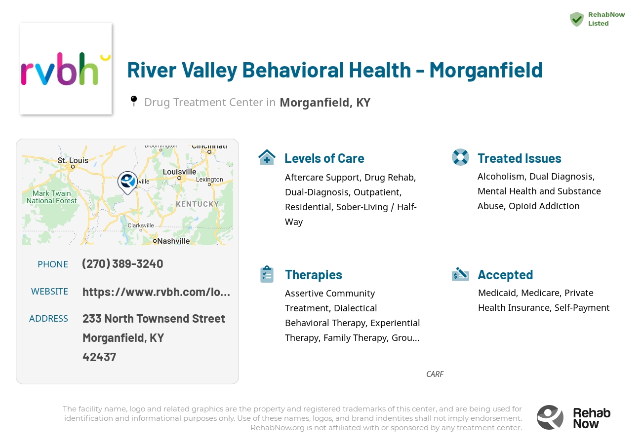 Helpful reference information for River Valley Behavioral Health - Morganfield, a drug treatment center in Kentucky located at: 233 North Townsend Street, Morganfield, KY, 42437, including phone numbers, official website, and more. Listed briefly is an overview of Levels of Care, Therapies Offered, Issues Treated, and accepted forms of Payment Methods.