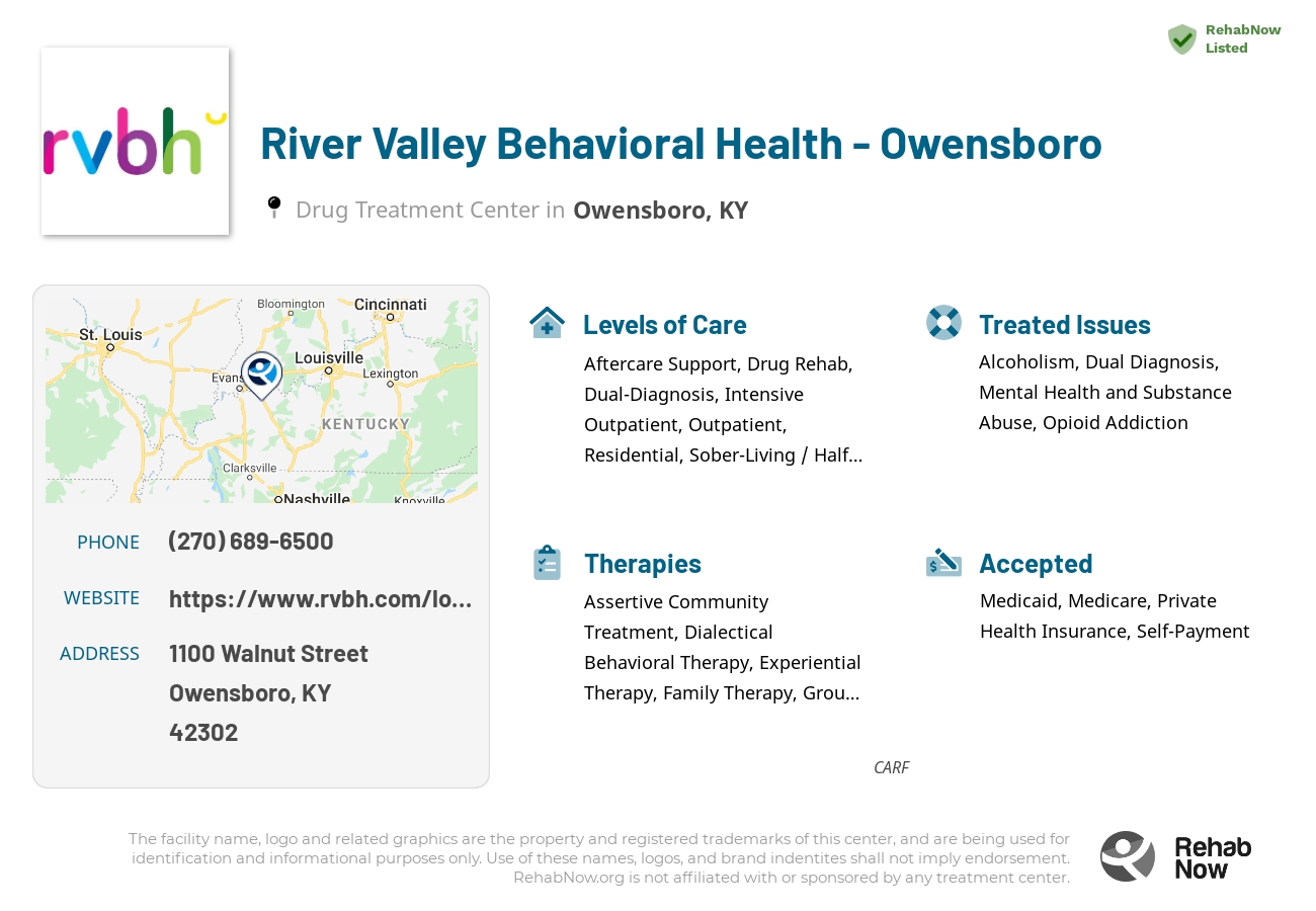 Helpful reference information for River Valley Behavioral Health - Owensboro, a drug treatment center in Kentucky located at: 1100 Walnut Street, Owensboro, KY, 42302, including phone numbers, official website, and more. Listed briefly is an overview of Levels of Care, Therapies Offered, Issues Treated, and accepted forms of Payment Methods.