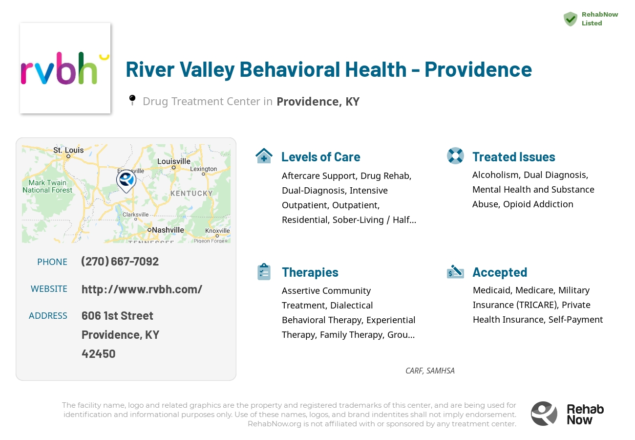 Helpful reference information for River Valley Behavioral Health - Providence, a drug treatment center in Kentucky located at: 606 1st Street, Providence, KY, 42450, including phone numbers, official website, and more. Listed briefly is an overview of Levels of Care, Therapies Offered, Issues Treated, and accepted forms of Payment Methods.