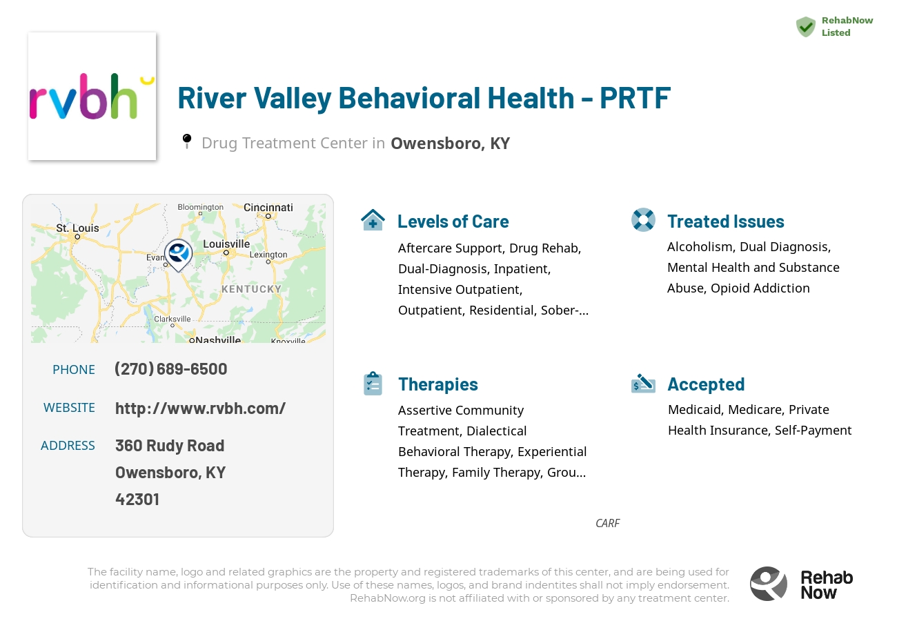 Helpful reference information for River Valley Behavioral Health - PRTF, a drug treatment center in Kentucky located at: 360 Rudy Road, Owensboro, KY, 42301, including phone numbers, official website, and more. Listed briefly is an overview of Levels of Care, Therapies Offered, Issues Treated, and accepted forms of Payment Methods.