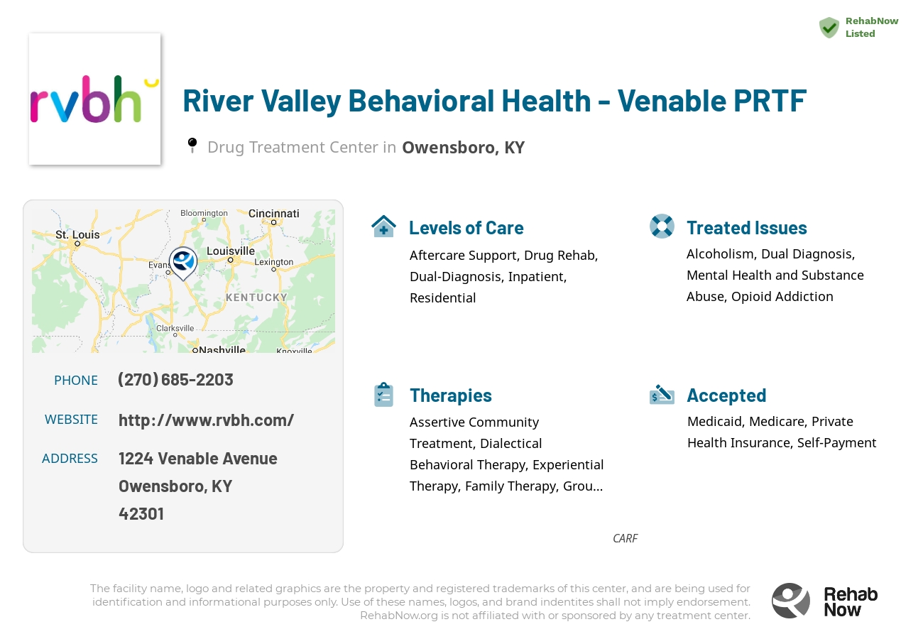 Helpful reference information for River Valley Behavioral Health - Venable PRTF, a drug treatment center in Kentucky located at: 1224 Venable Avenue, Owensboro, KY, 42301, including phone numbers, official website, and more. Listed briefly is an overview of Levels of Care, Therapies Offered, Issues Treated, and accepted forms of Payment Methods.