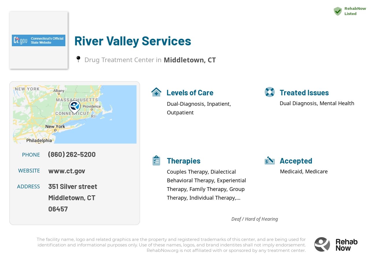 Helpful reference information for River Valley Services, a drug treatment center in Connecticut located at: 351 Silver street, Middletown, CT, 06457, including phone numbers, official website, and more. Listed briefly is an overview of Levels of Care, Therapies Offered, Issues Treated, and accepted forms of Payment Methods.