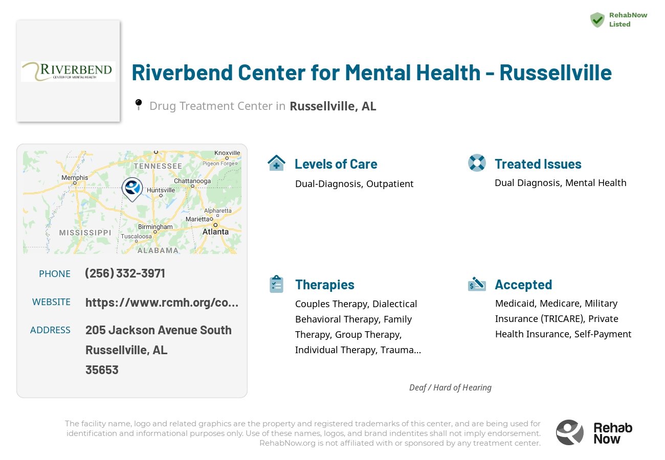 Helpful reference information for Riverbend Center for Mental Health - Russellville, a drug treatment center in Alabama located at: 205 Jackson Avenue South, Russellville, AL, 35653, including phone numbers, official website, and more. Listed briefly is an overview of Levels of Care, Therapies Offered, Issues Treated, and accepted forms of Payment Methods.