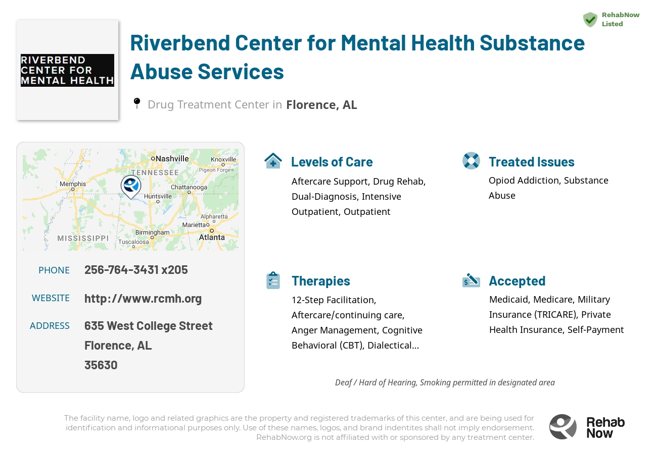 Helpful reference information for Riverbend Center for Mental Health Substance Abuse Services, a drug treatment center in Alabama located at: 635 West College Street, Florence, AL 35630, including phone numbers, official website, and more. Listed briefly is an overview of Levels of Care, Therapies Offered, Issues Treated, and accepted forms of Payment Methods.