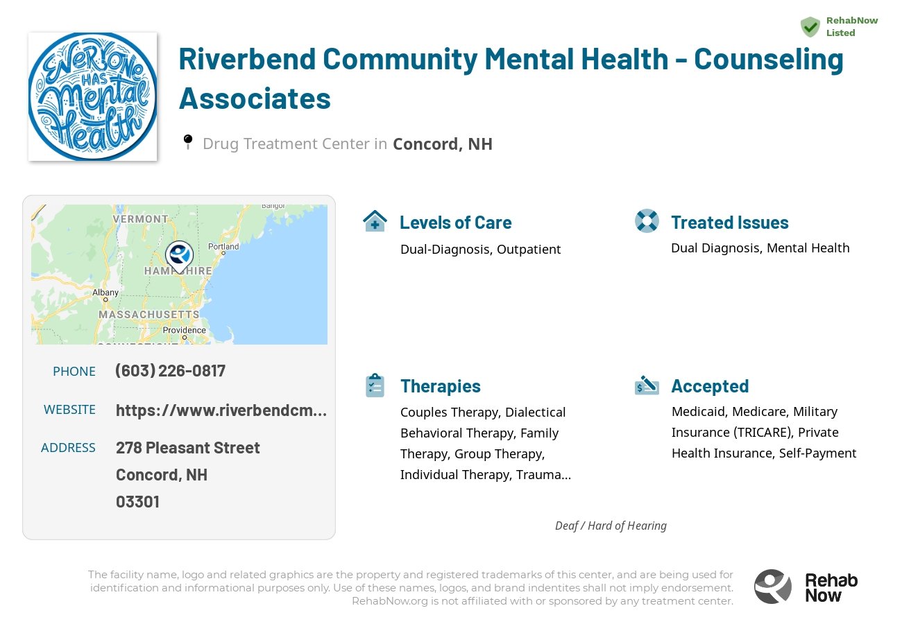 Helpful reference information for Riverbend Community Mental Health - Counseling Associates, a drug treatment center in New Hampshire located at: 278 278 Pleasant Street, Concord, NH 03301, including phone numbers, official website, and more. Listed briefly is an overview of Levels of Care, Therapies Offered, Issues Treated, and accepted forms of Payment Methods.