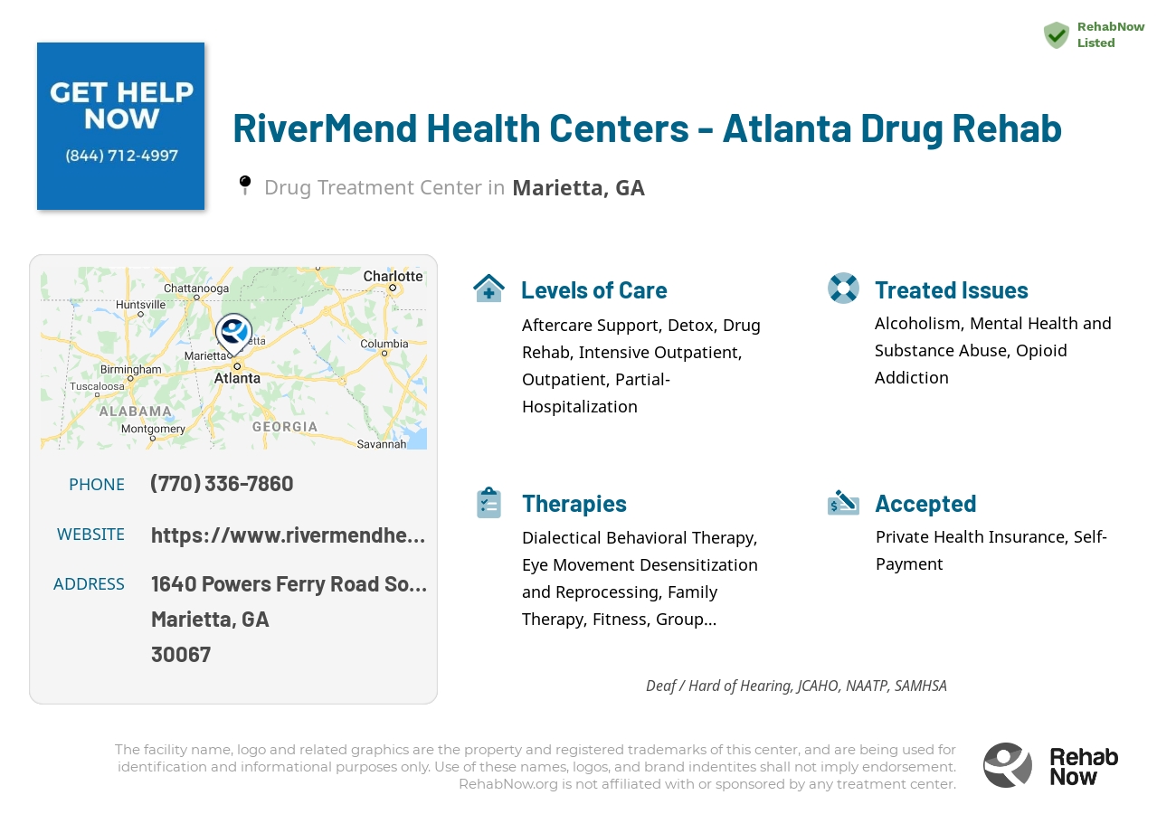 Helpful reference information for RiverMend Health Centers - Atlanta Drug Rehab, a drug treatment center in Georgia located at: 1640 1640 Powers Ferry Road Southeast, Marietta, GA 30067, including phone numbers, official website, and more. Listed briefly is an overview of Levels of Care, Therapies Offered, Issues Treated, and accepted forms of Payment Methods.