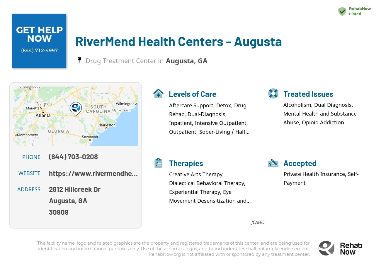 Helpful reference information for RiverMend Health Centers - Augusta, a drug treatment center in Georgia located at: 2812 Hillcreek Dr, Augusta, GA 30909, including phone numbers, official website, and more. Listed briefly is an overview of Levels of Care, Therapies Offered, Issues Treated, and accepted forms of Payment Methods.