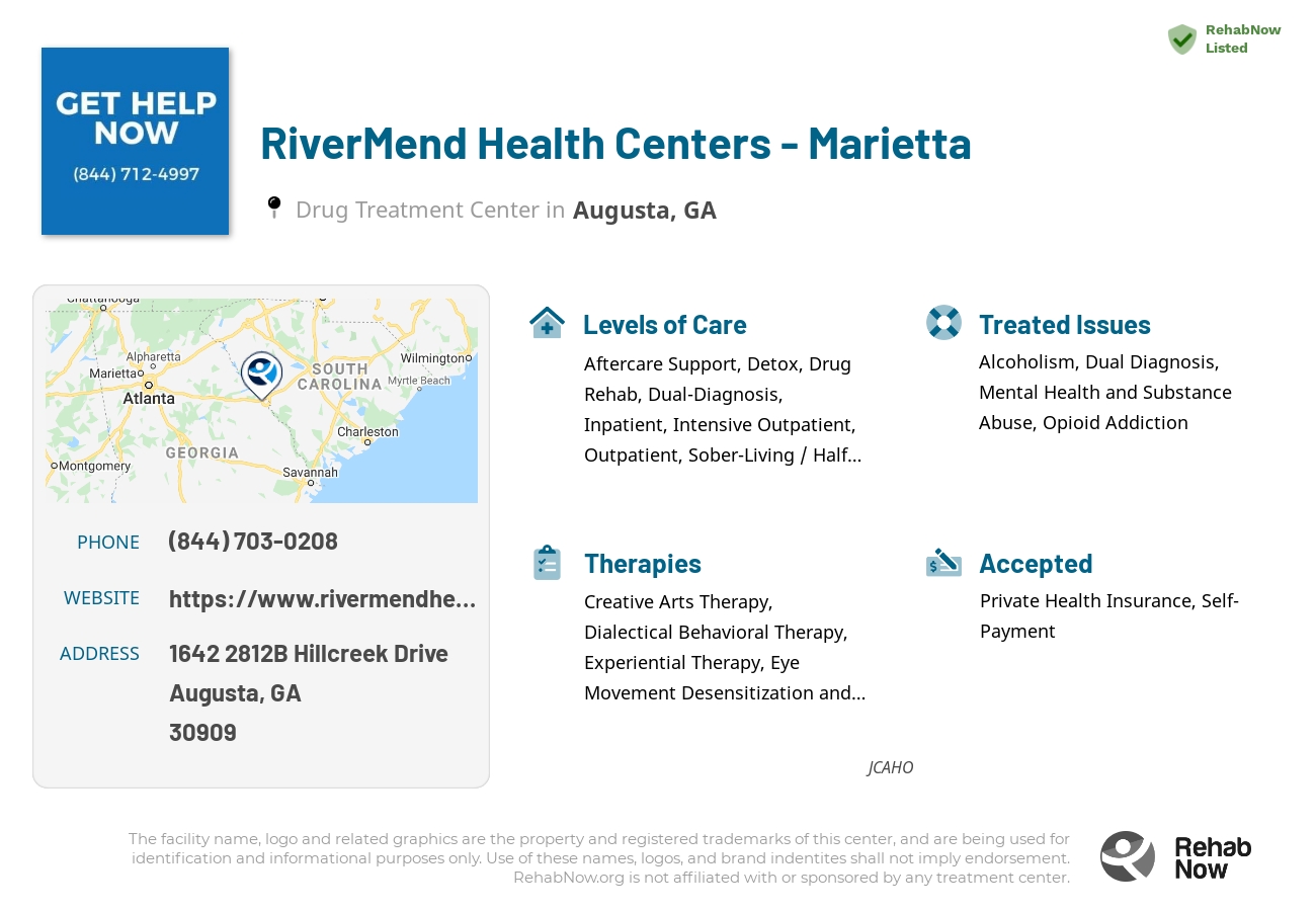 Helpful reference information for RiverMend Health Centers - Marietta, a drug treatment center in Georgia located at: 1642 2812B Hillcreek Drive, Augusta, GA 30909, including phone numbers, official website, and more. Listed briefly is an overview of Levels of Care, Therapies Offered, Issues Treated, and accepted forms of Payment Methods.