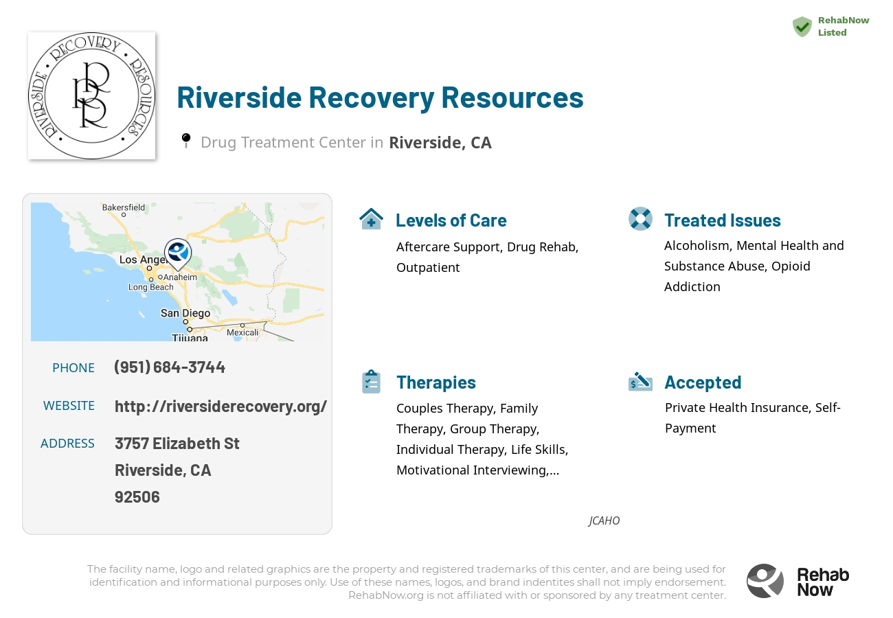 Helpful reference information for Riverside Recovery Resources, a drug treatment center in California located at: 3757 Elizabeth St, Riverside, CA 92506, including phone numbers, official website, and more. Listed briefly is an overview of Levels of Care, Therapies Offered, Issues Treated, and accepted forms of Payment Methods.