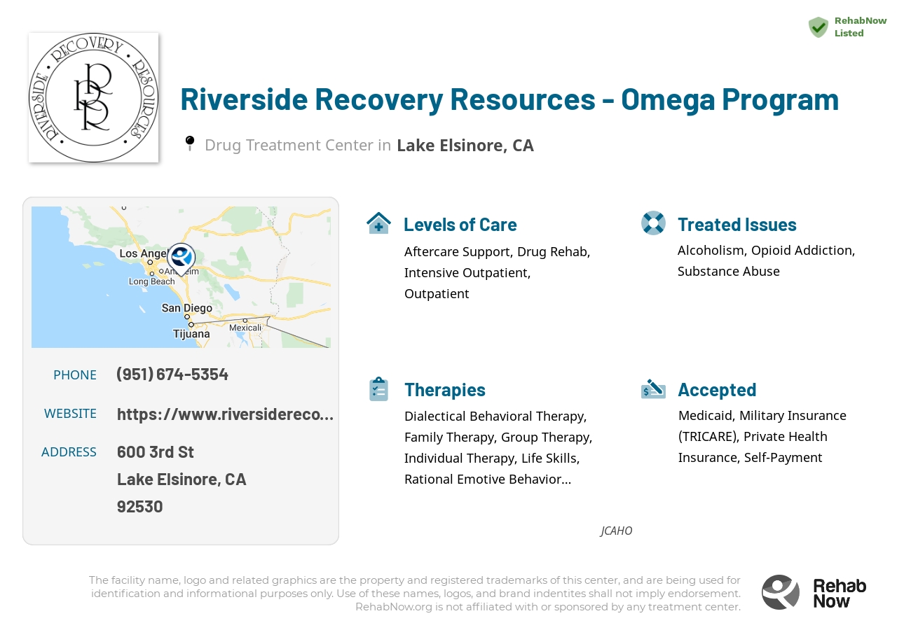 Helpful reference information for Riverside Recovery Resources - Omega Program, a drug treatment center in California located at: 600 3rd St, Lake Elsinore, CA 92530, including phone numbers, official website, and more. Listed briefly is an overview of Levels of Care, Therapies Offered, Issues Treated, and accepted forms of Payment Methods.
