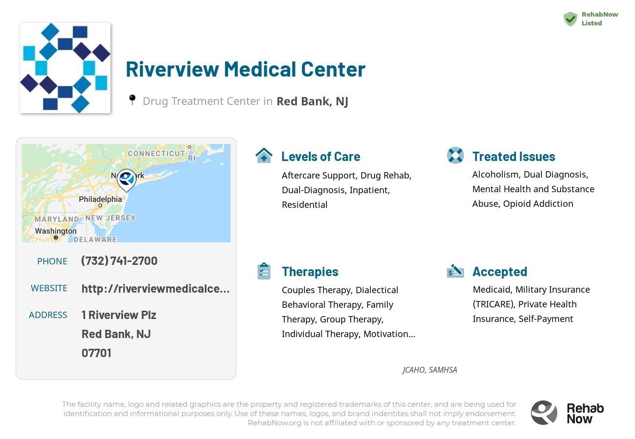 Helpful reference information for Riverview Medical Center, a drug treatment center in New Jersey located at: 1 Riverview Plz, Red Bank, NJ 07701, including phone numbers, official website, and more. Listed briefly is an overview of Levels of Care, Therapies Offered, Issues Treated, and accepted forms of Payment Methods.
