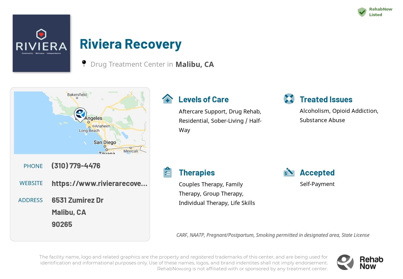 Helpful reference information for Riviera Recovery, a drug treatment center in California located at: 6531 Zumirez Dr, Malibu, CA 90265, including phone numbers, official website, and more. Listed briefly is an overview of Levels of Care, Therapies Offered, Issues Treated, and accepted forms of Payment Methods.