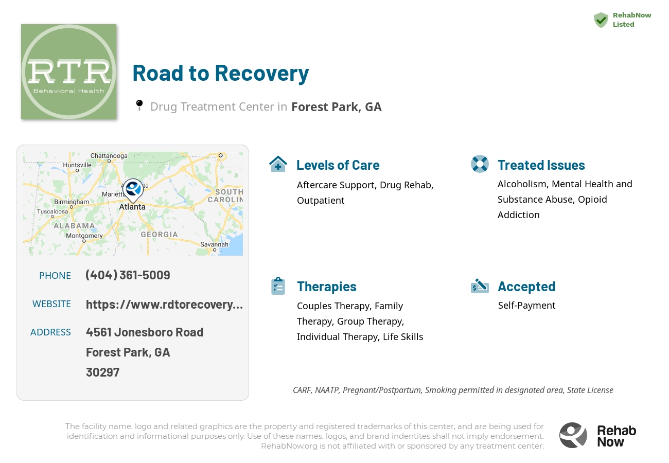 Helpful reference information for Road to Recovery, a drug treatment center in Georgia located at: 4561 4561 Jonesboro Road, Forest Park, GA 30297, including phone numbers, official website, and more. Listed briefly is an overview of Levels of Care, Therapies Offered, Issues Treated, and accepted forms of Payment Methods.