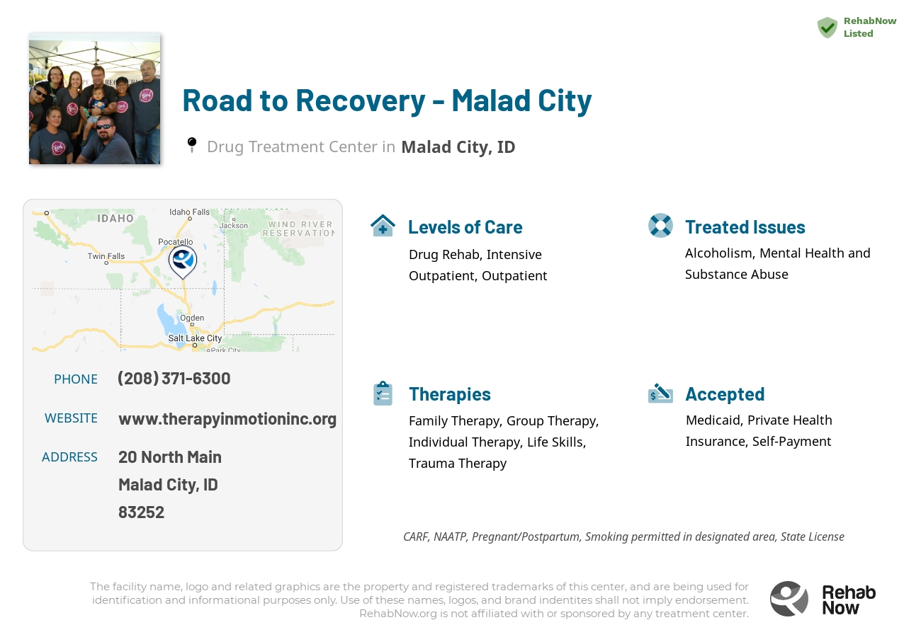 Helpful reference information for Road to Recovery - Malad City, a drug treatment center in Idaho located at: 20 North Main, Malad City, ID, 83252, including phone numbers, official website, and more. Listed briefly is an overview of Levels of Care, Therapies Offered, Issues Treated, and accepted forms of Payment Methods.