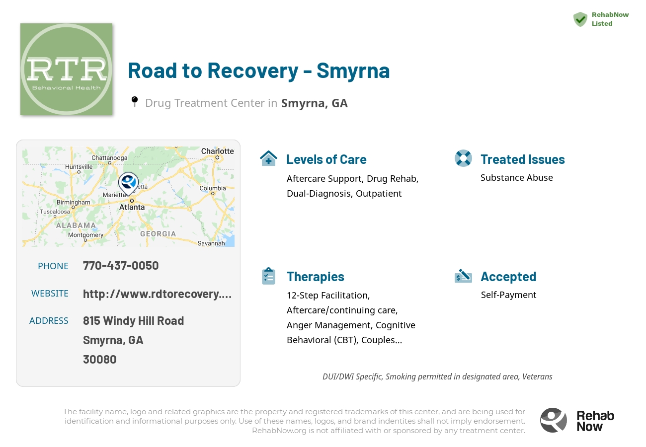 Helpful reference information for Road to Recovery  - Smyrna, a drug treatment center in Georgia located at: 815 Windy Hill Road, Smyrna, GA 30080, including phone numbers, official website, and more. Listed briefly is an overview of Levels of Care, Therapies Offered, Issues Treated, and accepted forms of Payment Methods.
