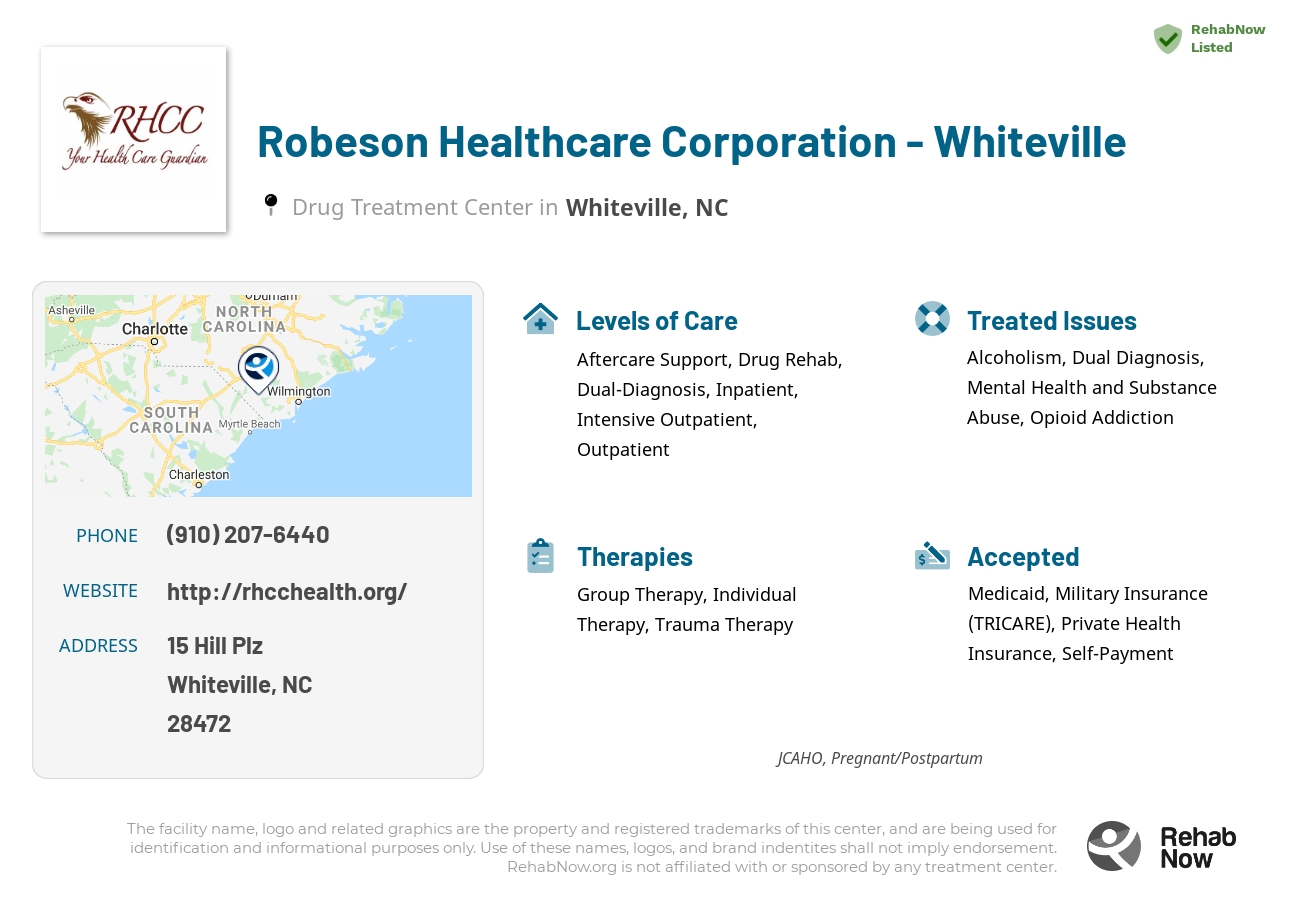 Helpful reference information for Robeson Healthcare Corporation - Whiteville, a drug treatment center in North Carolina located at: 15 Hill Plz, Whiteville, NC 28472, including phone numbers, official website, and more. Listed briefly is an overview of Levels of Care, Therapies Offered, Issues Treated, and accepted forms of Payment Methods.