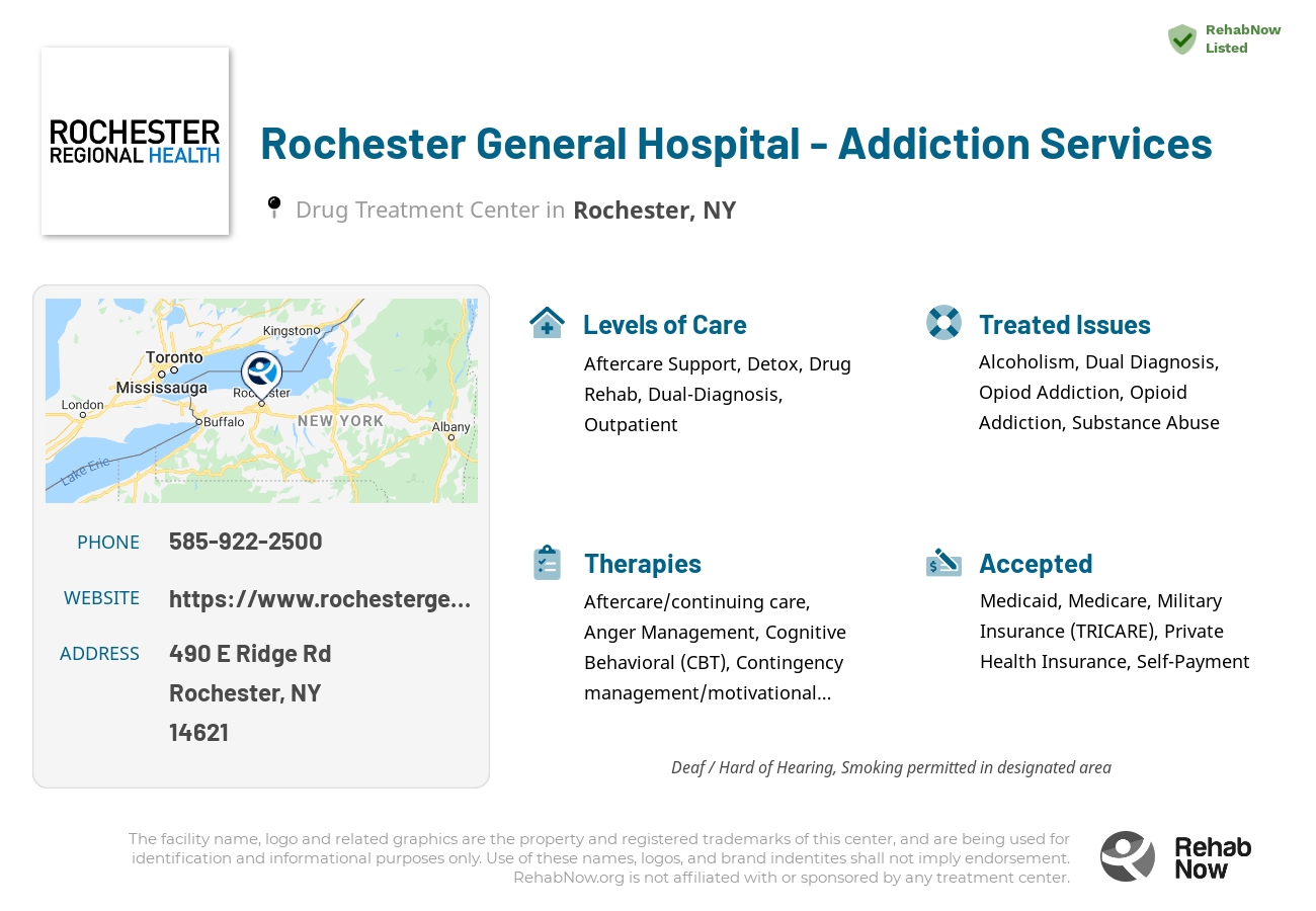 Helpful reference information for Rochester General Hospital - Addiction Services, a drug treatment center in New York located at: 490 E Ridge Rd, Rochester, NY 14621, including phone numbers, official website, and more. Listed briefly is an overview of Levels of Care, Therapies Offered, Issues Treated, and accepted forms of Payment Methods.